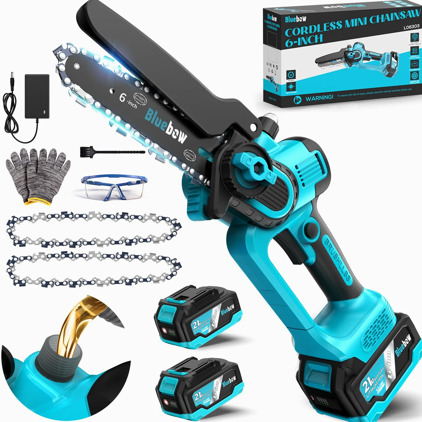 Mini tronçonneuse sans fil de 6 pouces – Scie électrique sans balais avec système d'huile, 2 batteries de 4000 mAh, petite scie à chaîne sans fil avec batterie et chargeur pour couper des arbres