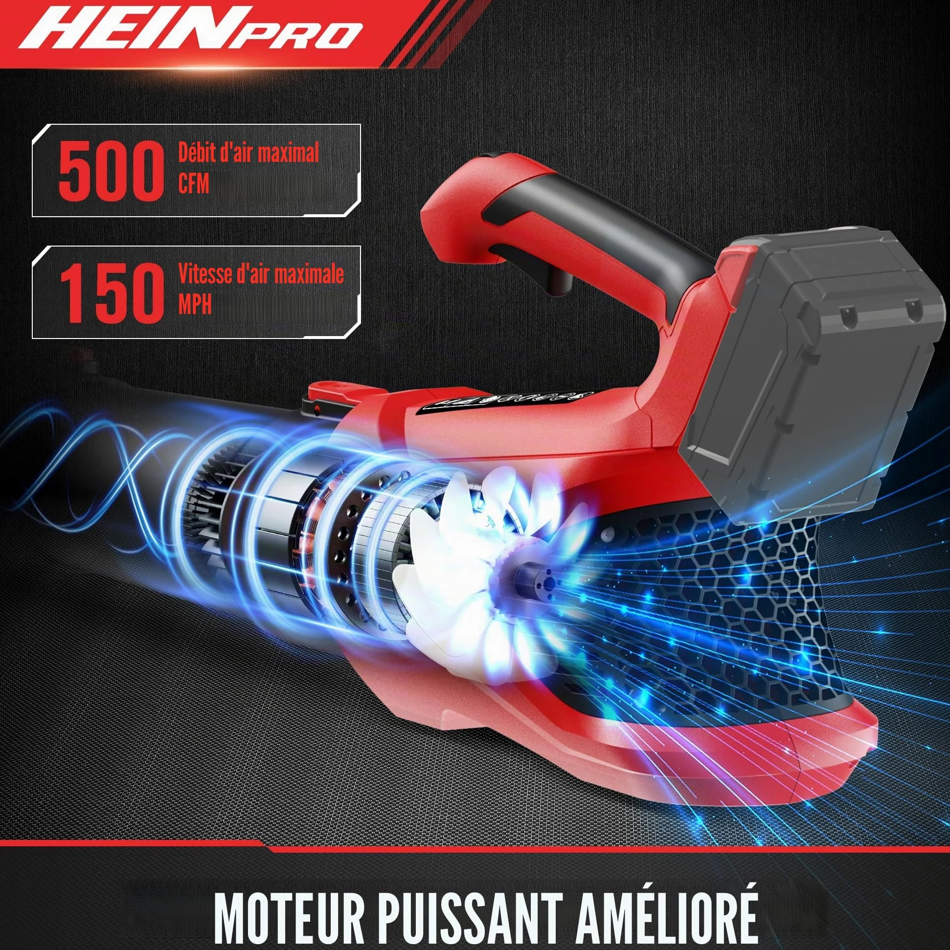HEINPRO Souffleur de feuilles sans fil jusqu'à 500 CFM, compatible avec batterie Milwaukee M18 (outil nu), souffleur de feuilles électrique sans fil avec 5 modes de vitesse, souffleur de feuilles