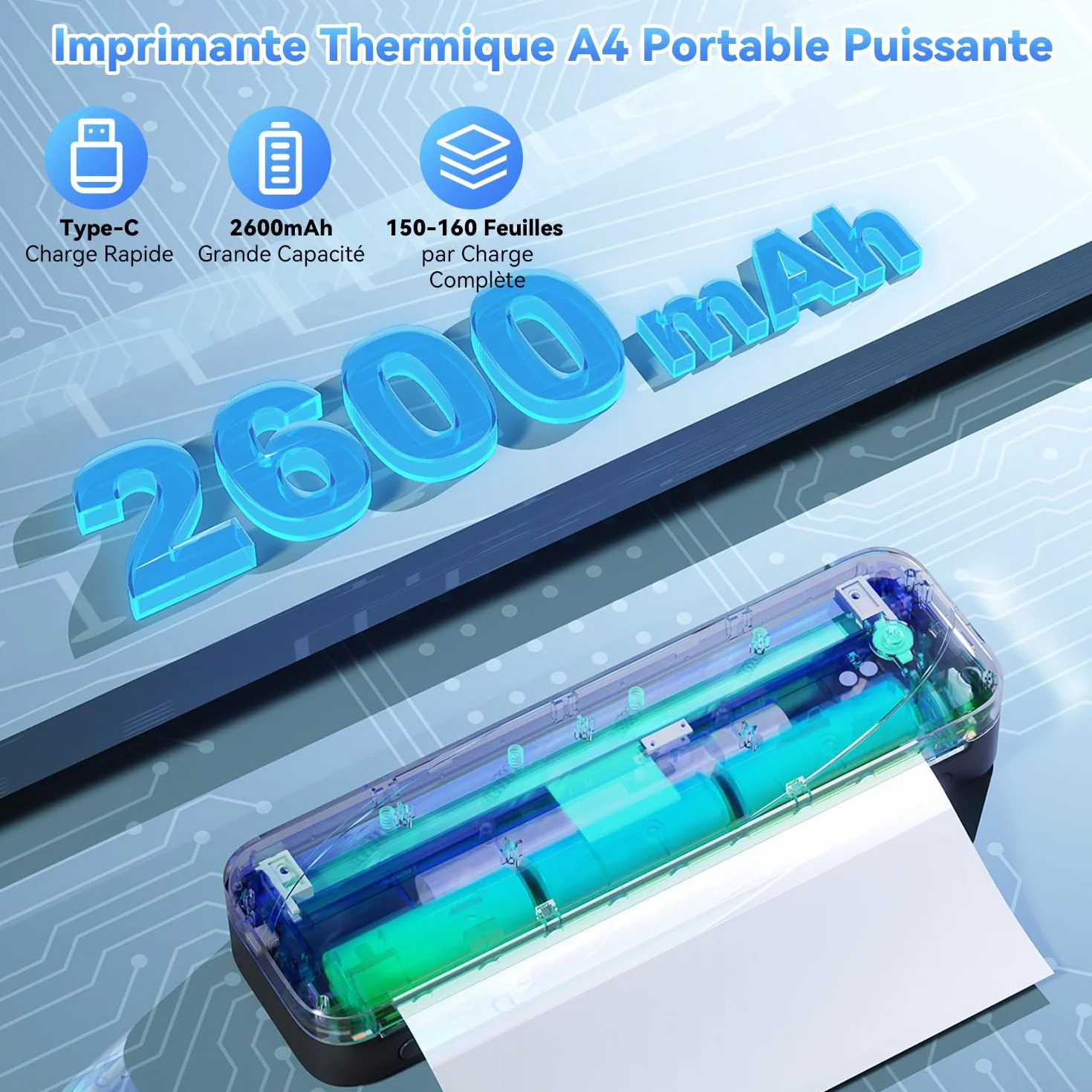 Phomemo M833 Imprimante Thermique A4 300 DPI sans Encre, Batterie 2600mAh, Compatible PC Android iOS Noir