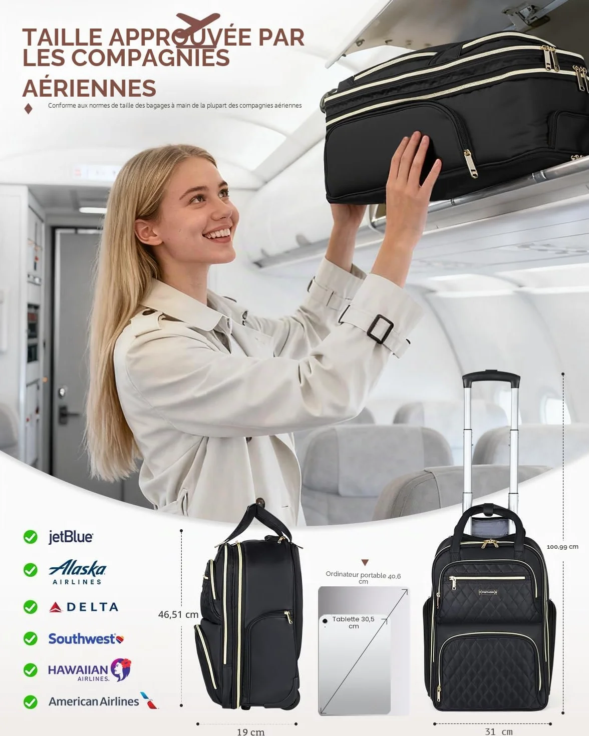 Ponhog Sac à Dos à roulettes pour Femme 35 L 17,3" Ordinateur Portable Voyage
