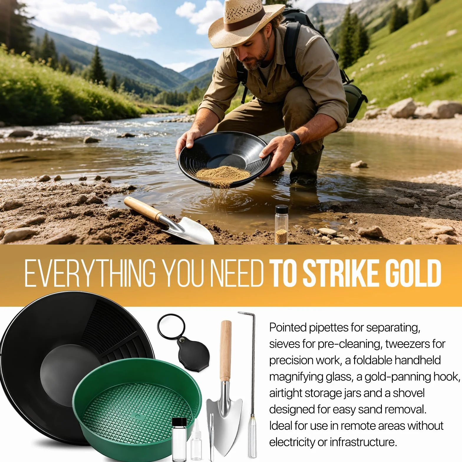 Kit Orpaillage Gold Pan Batee Rampe Lavage Manuel Or Panning Noir