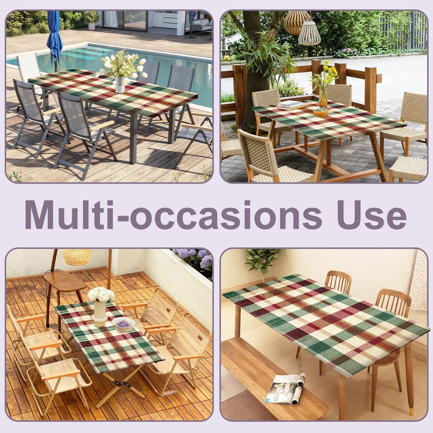 Nappe Table Pique Nique 6FT Carreaux Rouge Vert Lot de 3, Housse Imperméable Extérieur 72"x30" avec Housses Banc