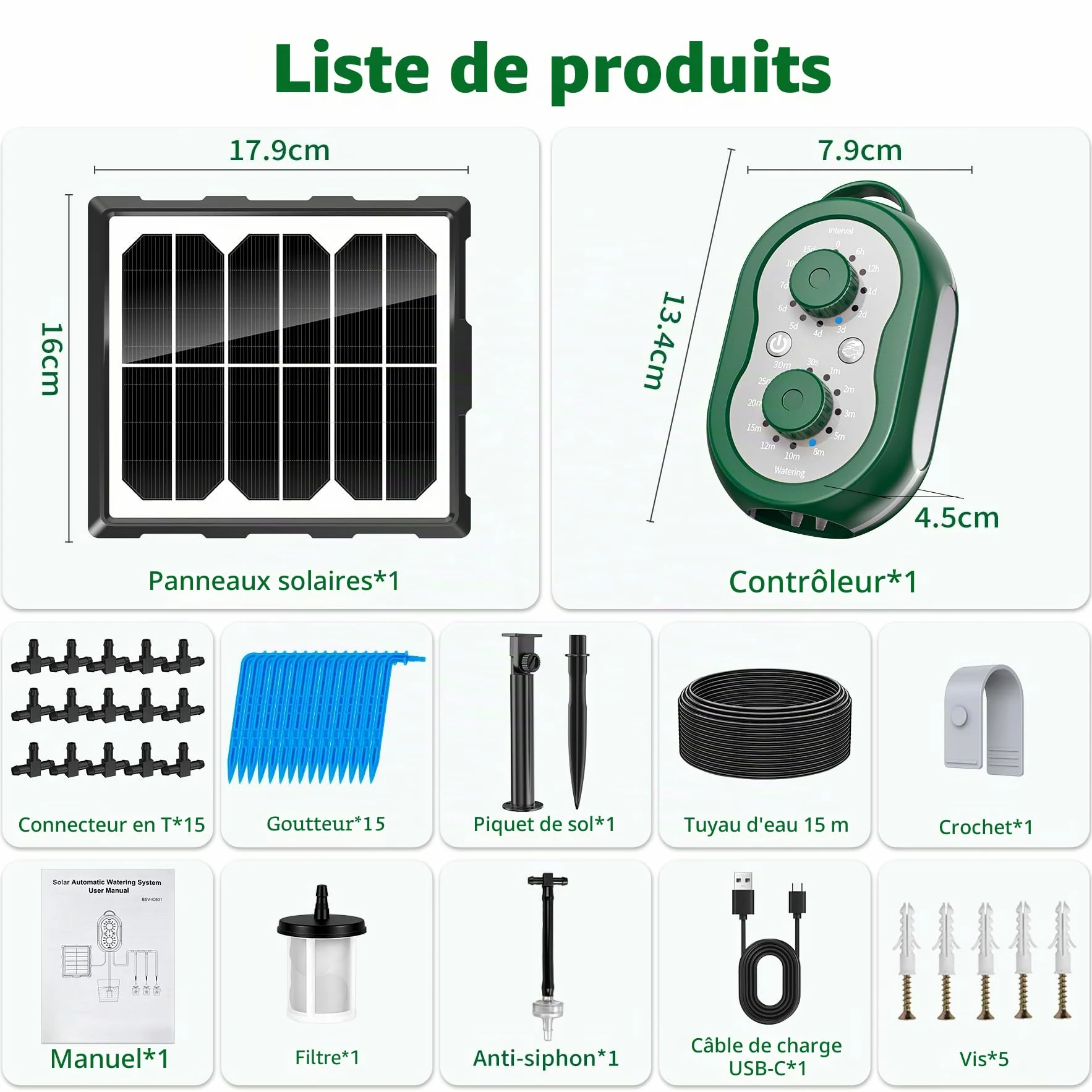 Kit Arrosage Automatique Solaire pour Jardin avec Contrôleur, 2200mAh Rechargeable Système D'irrigation Goutte à Goutte 132 Modes Arrosage Automatique pour Jardin, Balcon, Pelouse