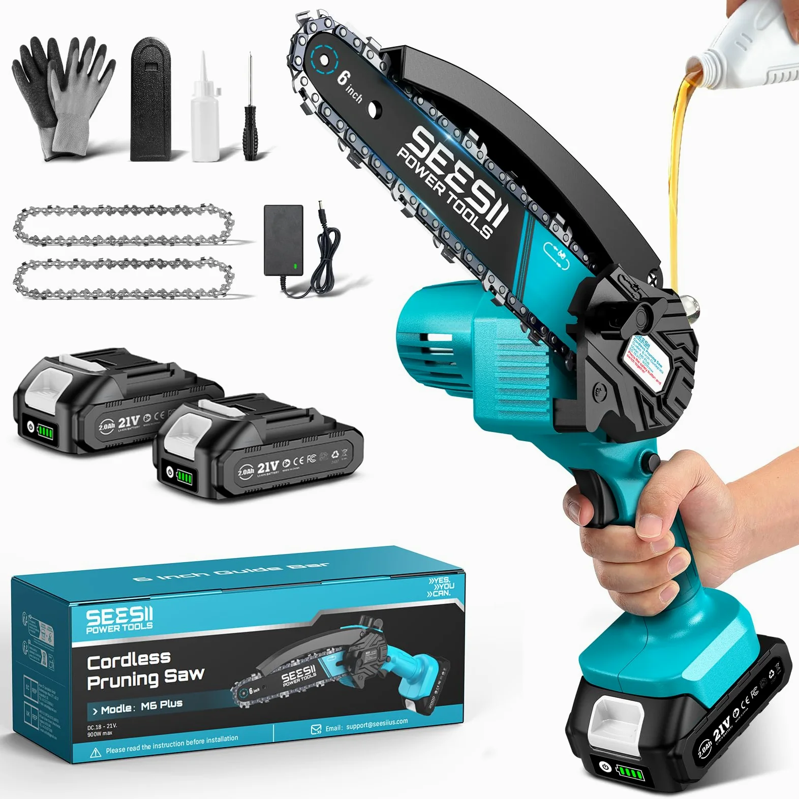 SEESII Mini Tronçonneuse à Batterie 6 Pouces avec Injecteur de Lubrifiant | Tronçonneuse Électrique sans Fil avec 2x2.0Ah Batteries, Mini Scie à Chaîne Électrique Rechargeable avec 2 Chaînes