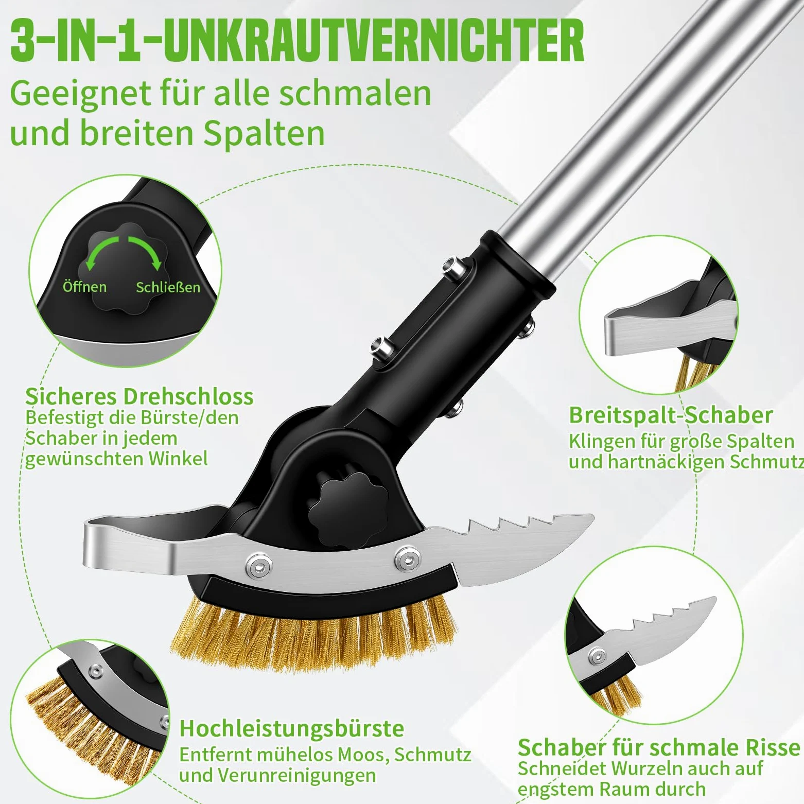 Hysagtek Grattoir à joints de jardin - Brosse à joints 3 en 1 - 150 cm - Réglable - Avec manche - Nettoyeur de joints avec brosse en mousse et 2 grattoirs en acier inoxydable - Pour escaliers