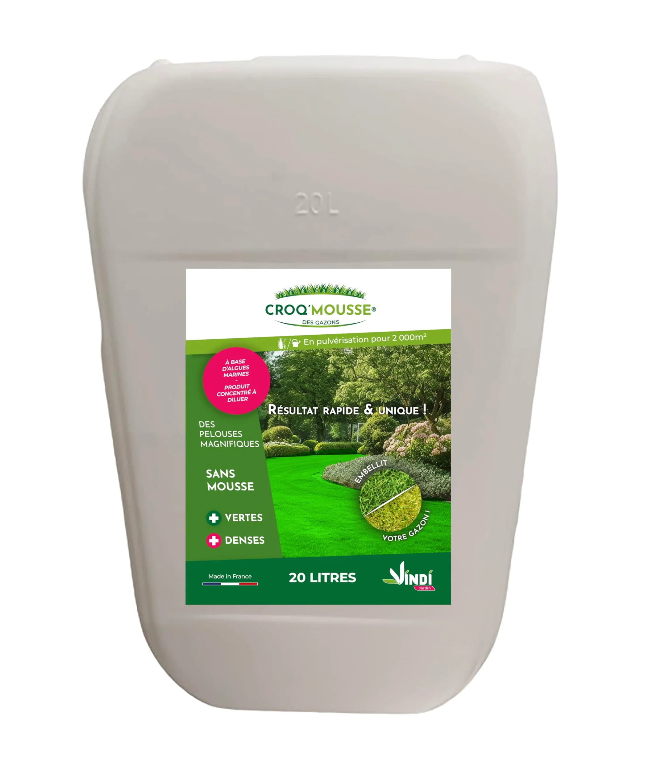 VINDI JARDIN - CROQ'MOUSSE des gazons – Engrais liquide organo-minéral 3 en 1 – Pelouse « sans mousse/+verte/+dense » - bidon 20L – Traitement pour 2000m2 – Fabrication Française.