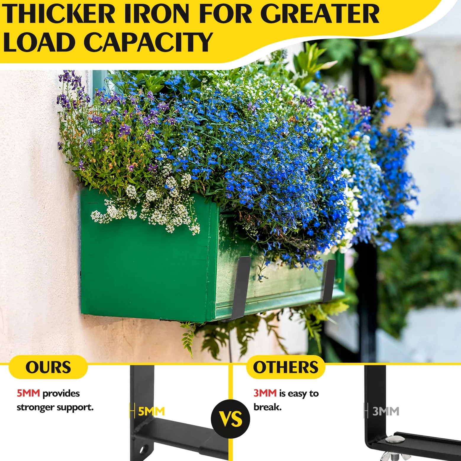 LukLoy Lot de 6 supports muraux réglables pour jardinière de fenêtre (15,2 à 30,5 cm), avec une capacité de 31,8 kg, noir