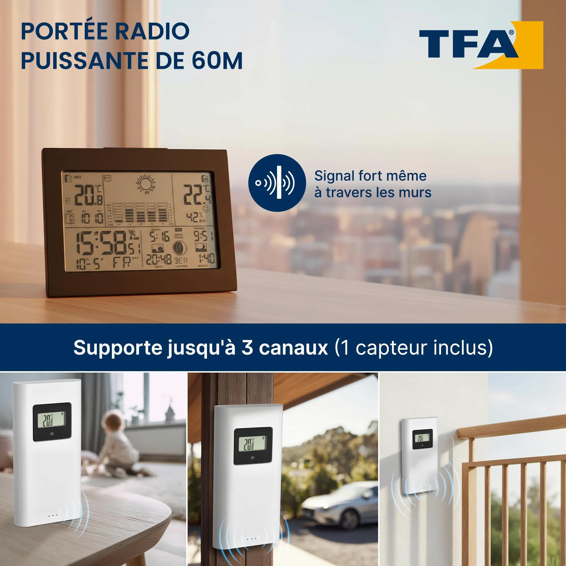 TFA Dostmann Station météo sans fil Horizon, 35.1155.01, avec capteur extérieur, phase de lune, pression atmosphérique, lever/coucher du soleil, prévisions météo, horloge radio-pilotée, noir