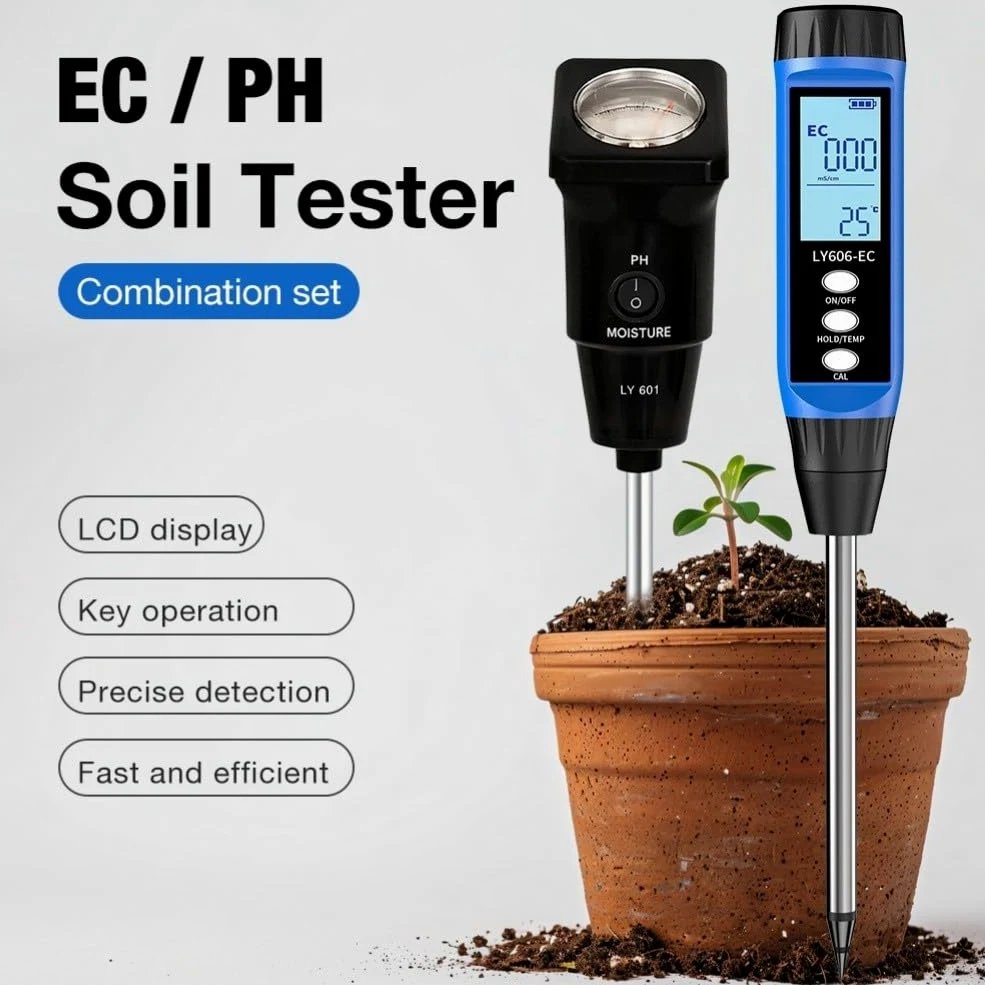 Testeur numérique de pH et de conductivité, 3-14pH et 0-19,99 mS/cm Testeur de sol avec écran LCD, compensation automatique de la température, sonde portable pour agriculture de jardin agricole