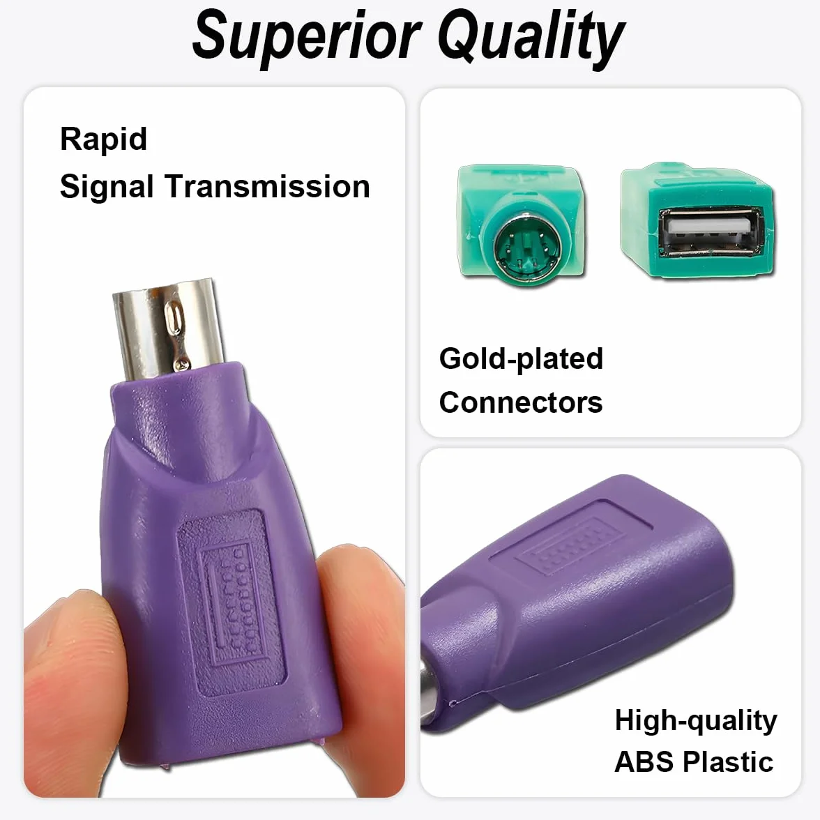 Adaptateurs PS2 vers USB Remplacement pour Souris et Clavier, Lot de 2 Convertisseurs PS2 Femelle vers USB A Mâle (Vert, Violet, Noir)