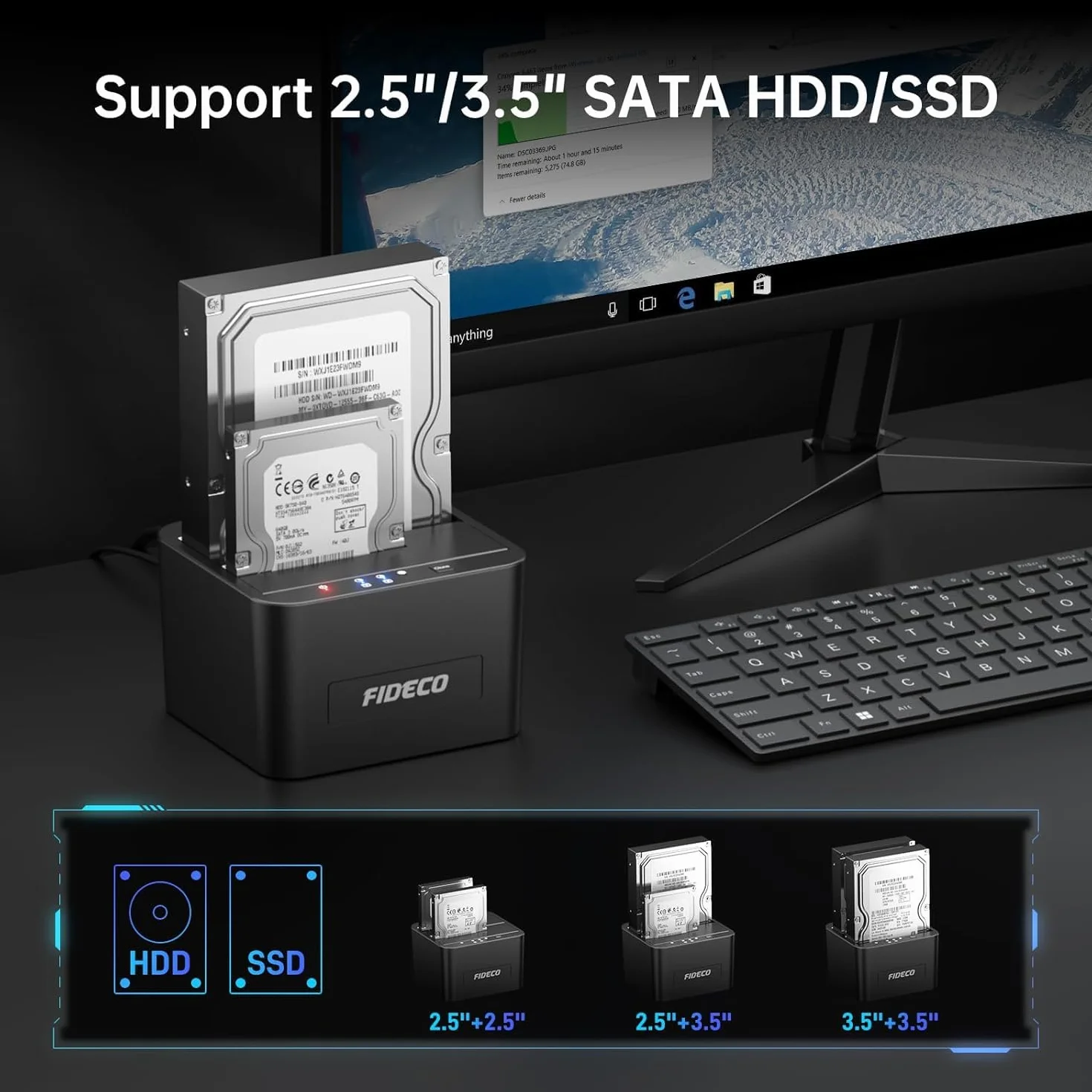 FIDECO Station d'accueil pour Disque Dur USB 3.0 Double Baie SATA HDD SSD 2.5 3.5 Pouces Clone Hors Ligne