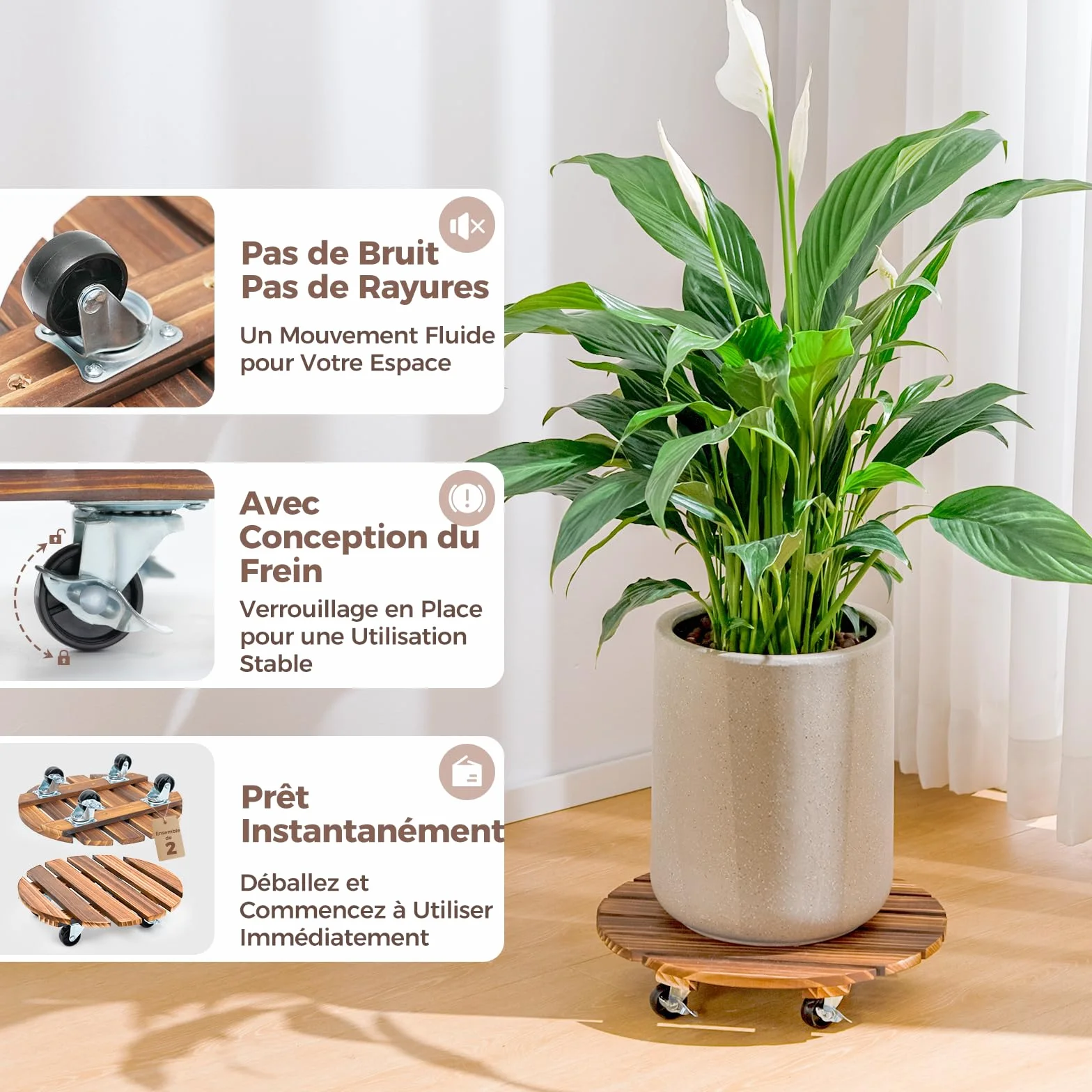 Bamworld Porte Plante à Roulettes, Lot de 2 Plateaux Roulants 30,5 cm, Capacité 100 KG, Marron Foncé