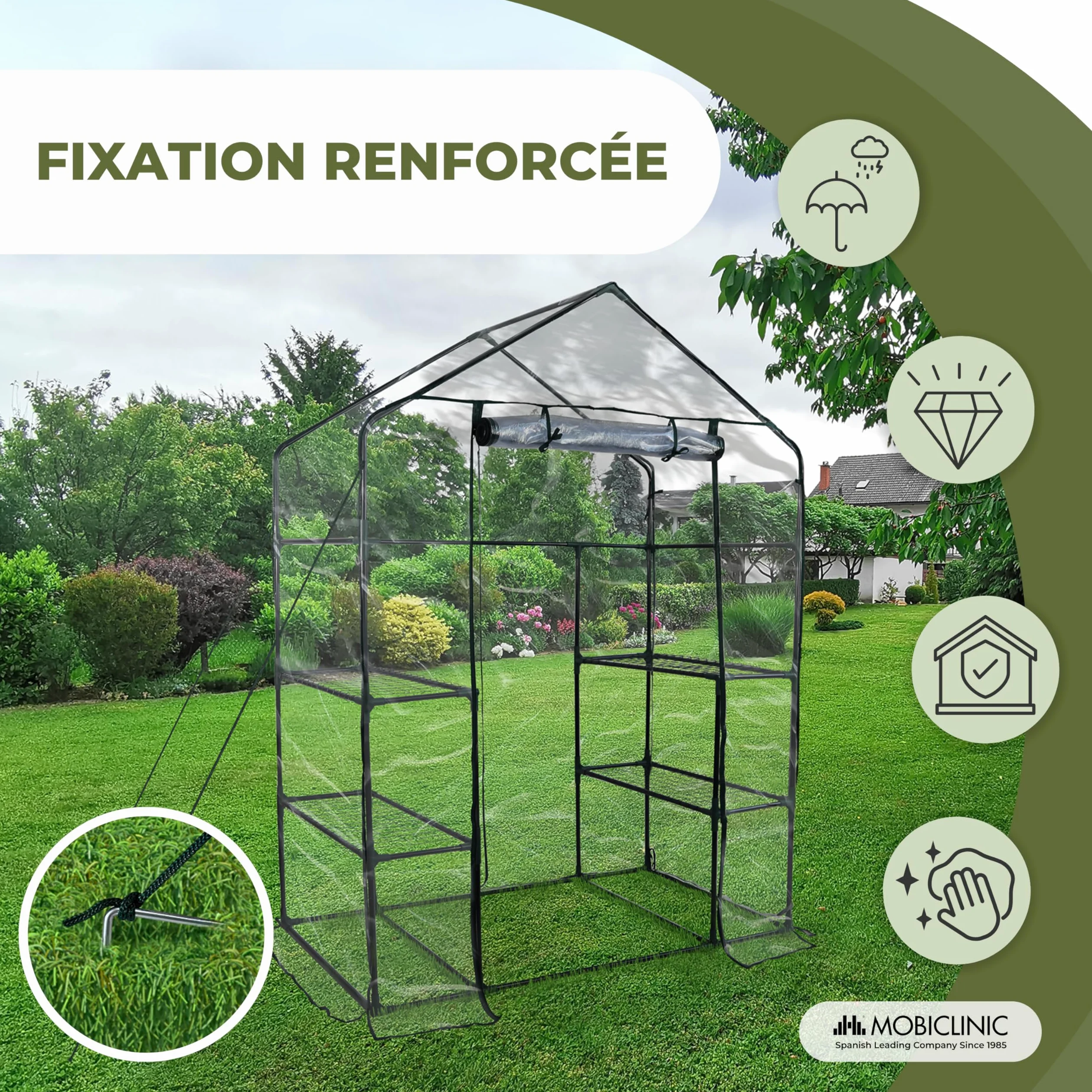 Mobiclinic®, Serre de Jardin, 143 x 73 x 195cm, Couverture en PVC et Porte Enroulable, 4 Étagères, Étanche, Home Grow, Pépinière Maison, Fixation Sécurisée, Idéal pour la Culture, Rustique