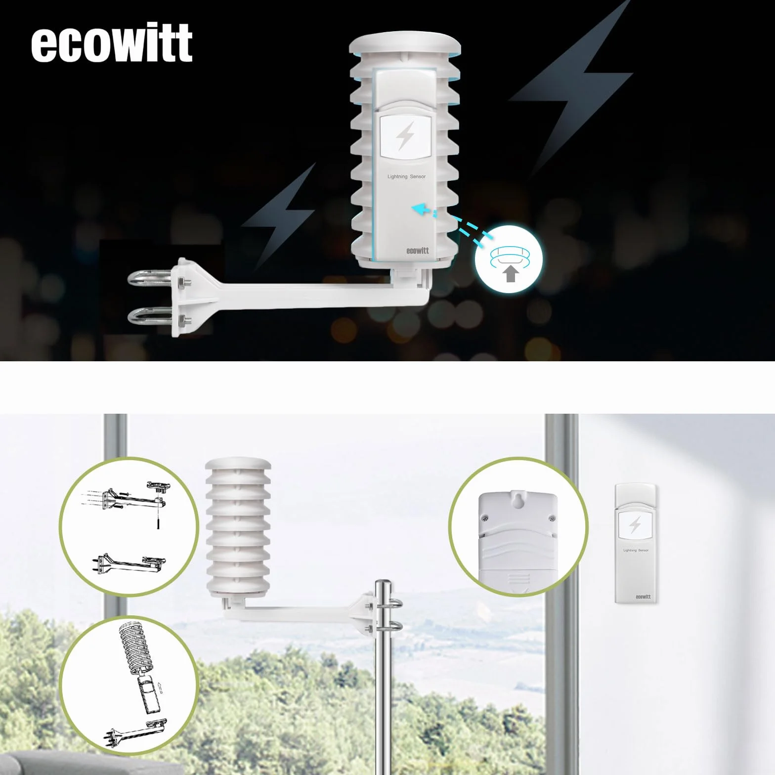 Ecowitt Détecteur de foudre sans fil Capteur Accessoire pour Ecowitt Station Météo Ecosystem WH57