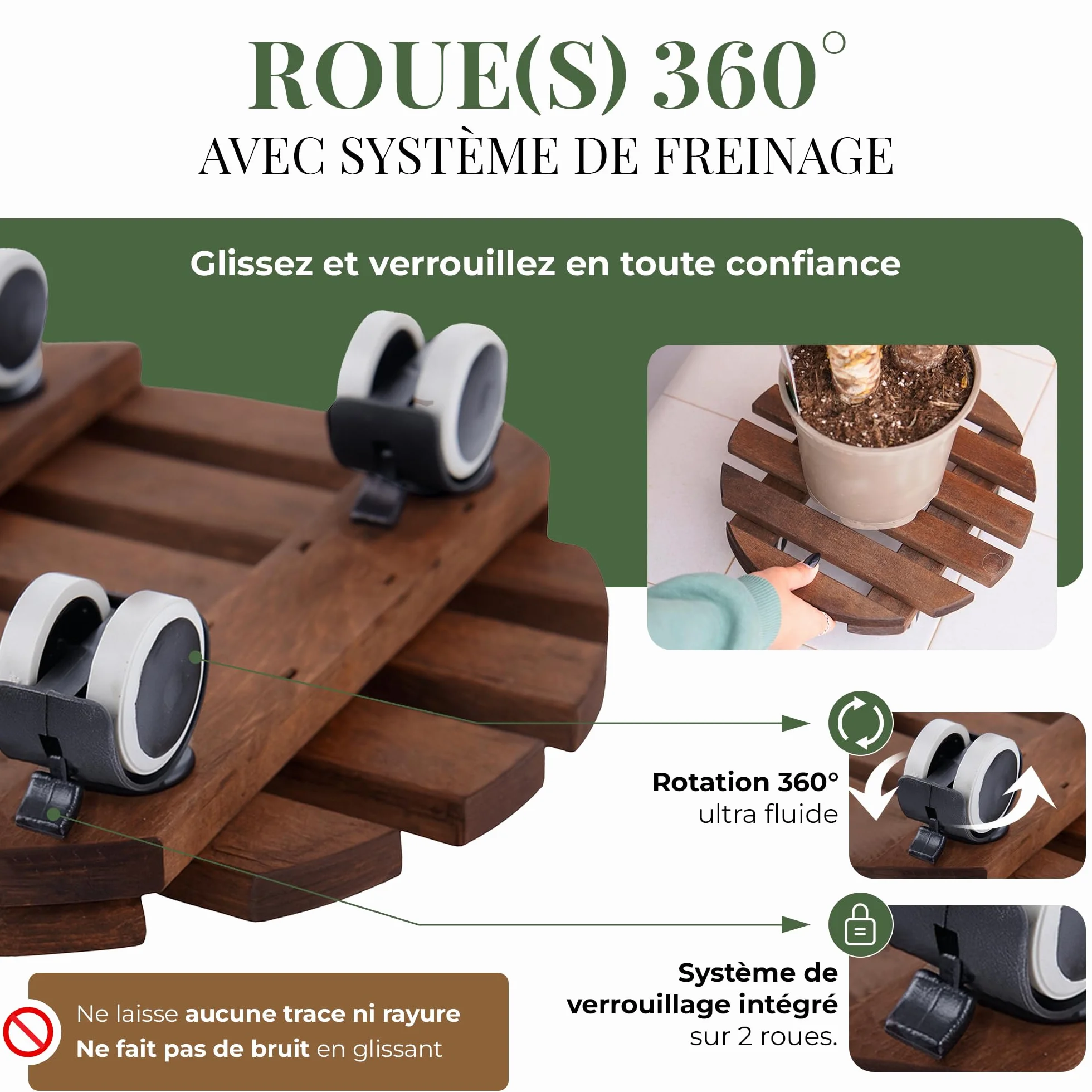 Porte Plante à Roulettes Ø 30 cm Lames Bois d'Aulne FSC 15,5 mm Roues 360° avec Frein Chariot Robuste 100 kg