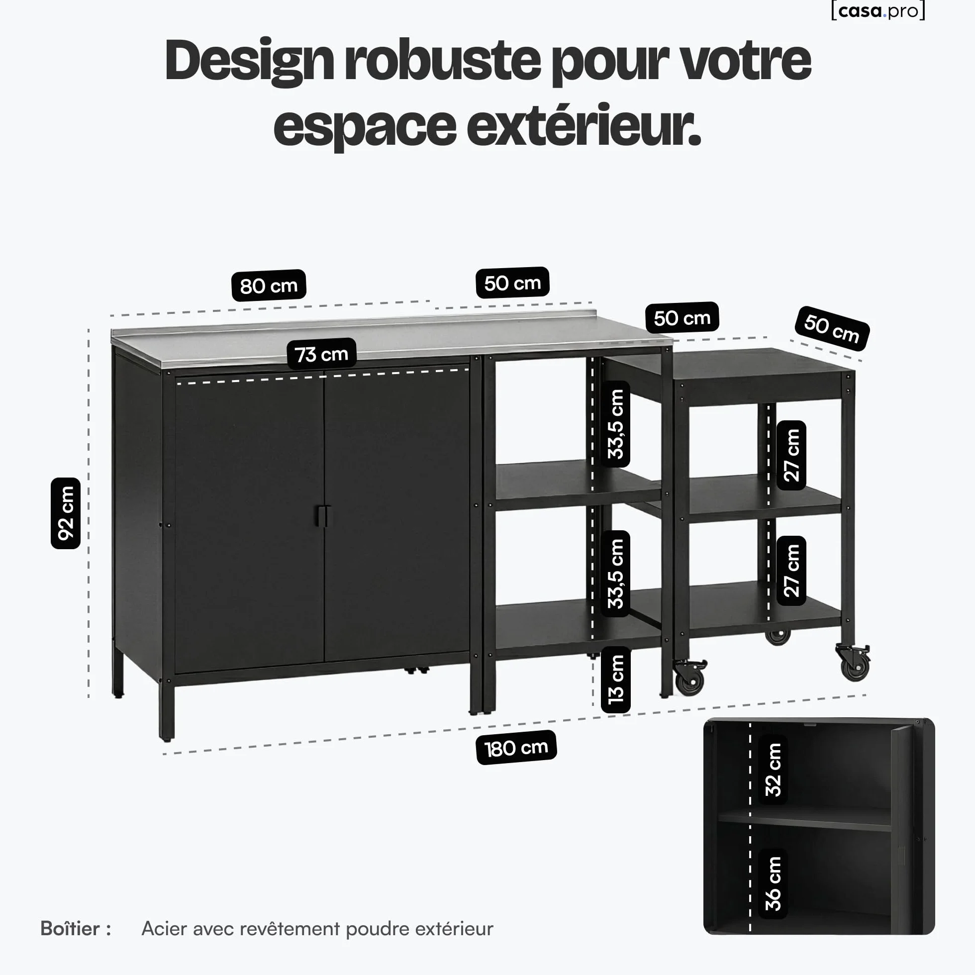 Ensemble de 3 Meubles Outdoor Bolognano Armoire d'Extérieur Chariot Barbecue Acier Noir Mat