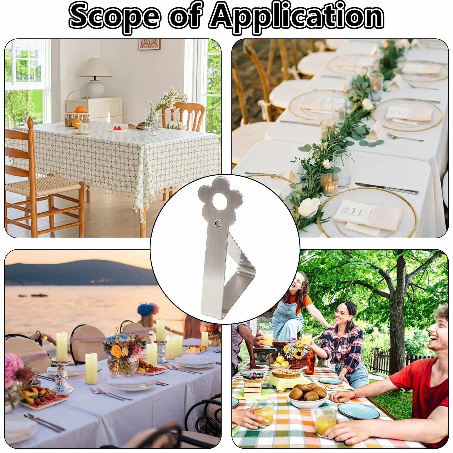 Pince pour Nappe de Table Extérieur Acier Inoxydable Design Fleuri Adjustable Fixation 2.5-3.5 cm Argent 10 Pièces