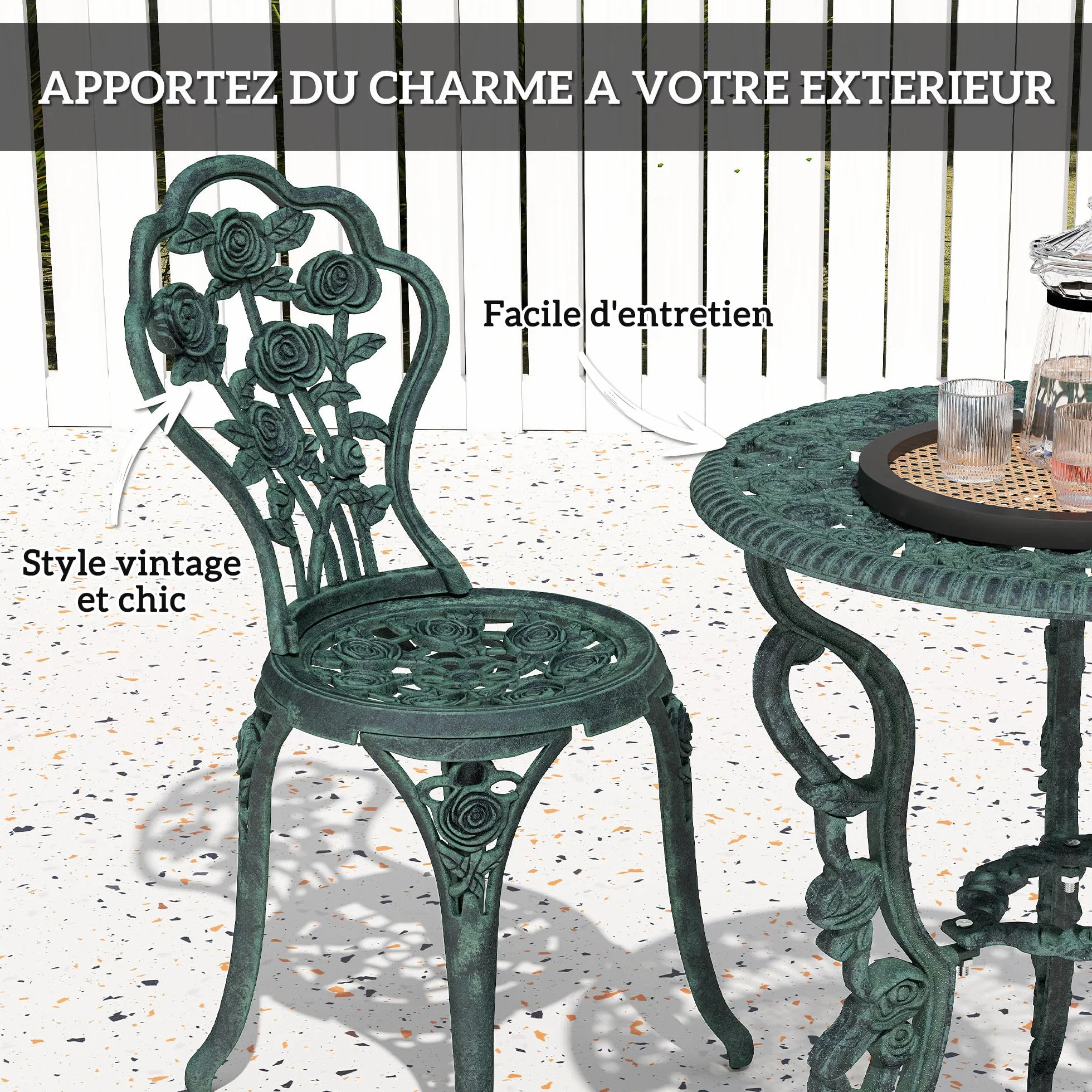 Outsunny Ensemble Salon de Jardin 2 Places Table Ronde Fonte d'Aluminium Vert Vieilli