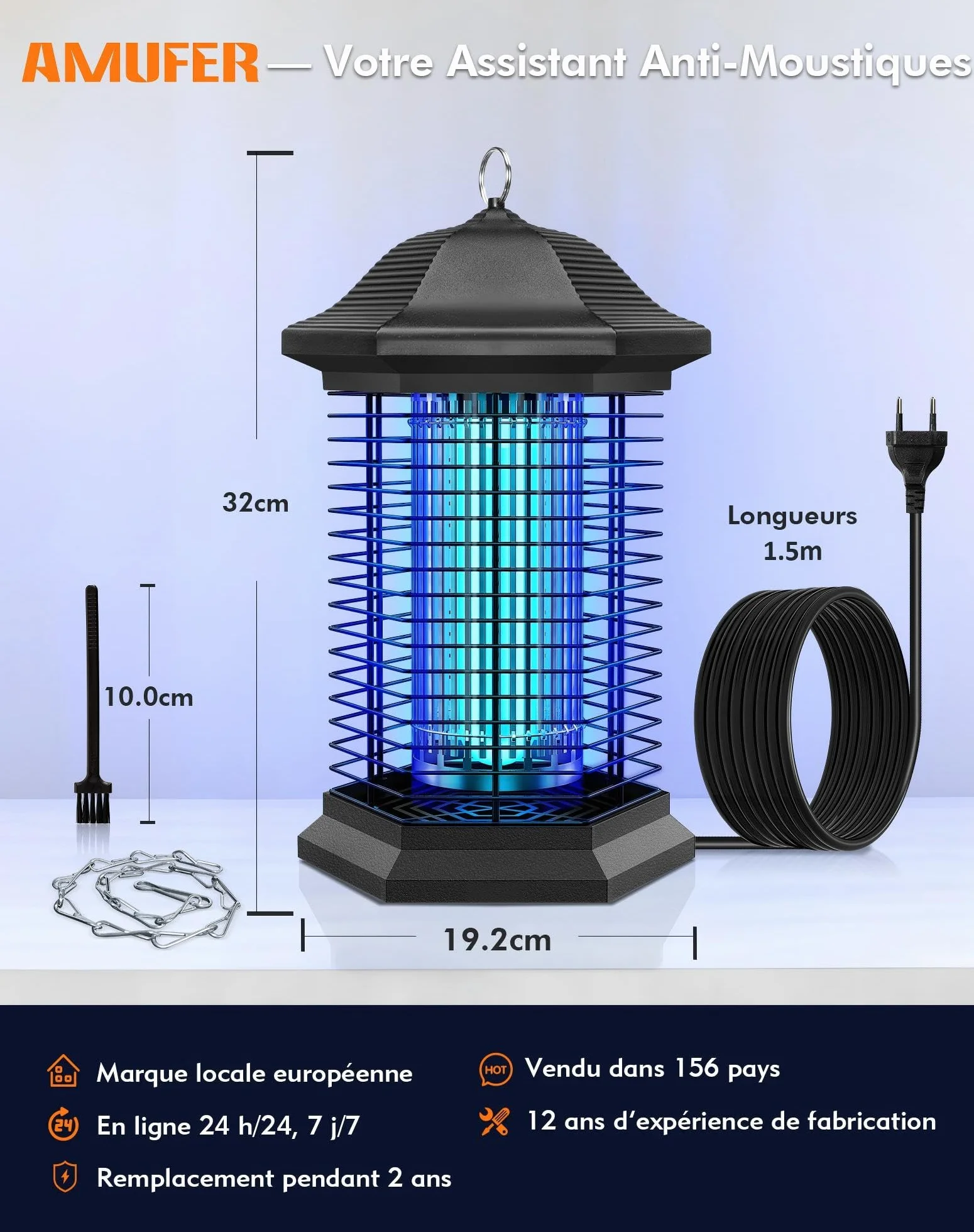AMUFER Lampe Anti Moustique 18W 4400V Tue-Mouche Électrique IPX4 Étanche Tueur d'Insectes