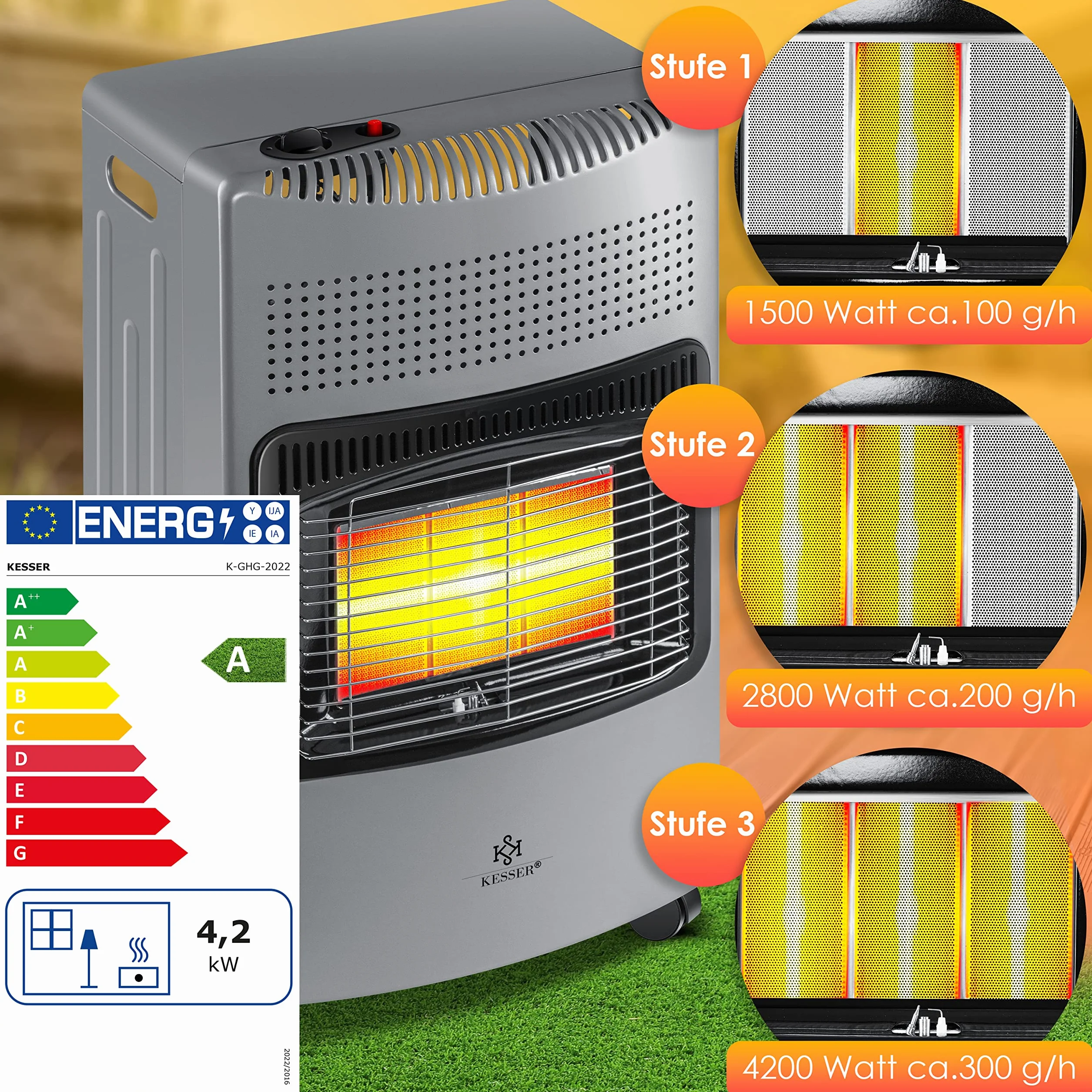 KESSER Chauffage à Gaz 4200 W Brûleur Céramique Infrarouge Gris Foncé