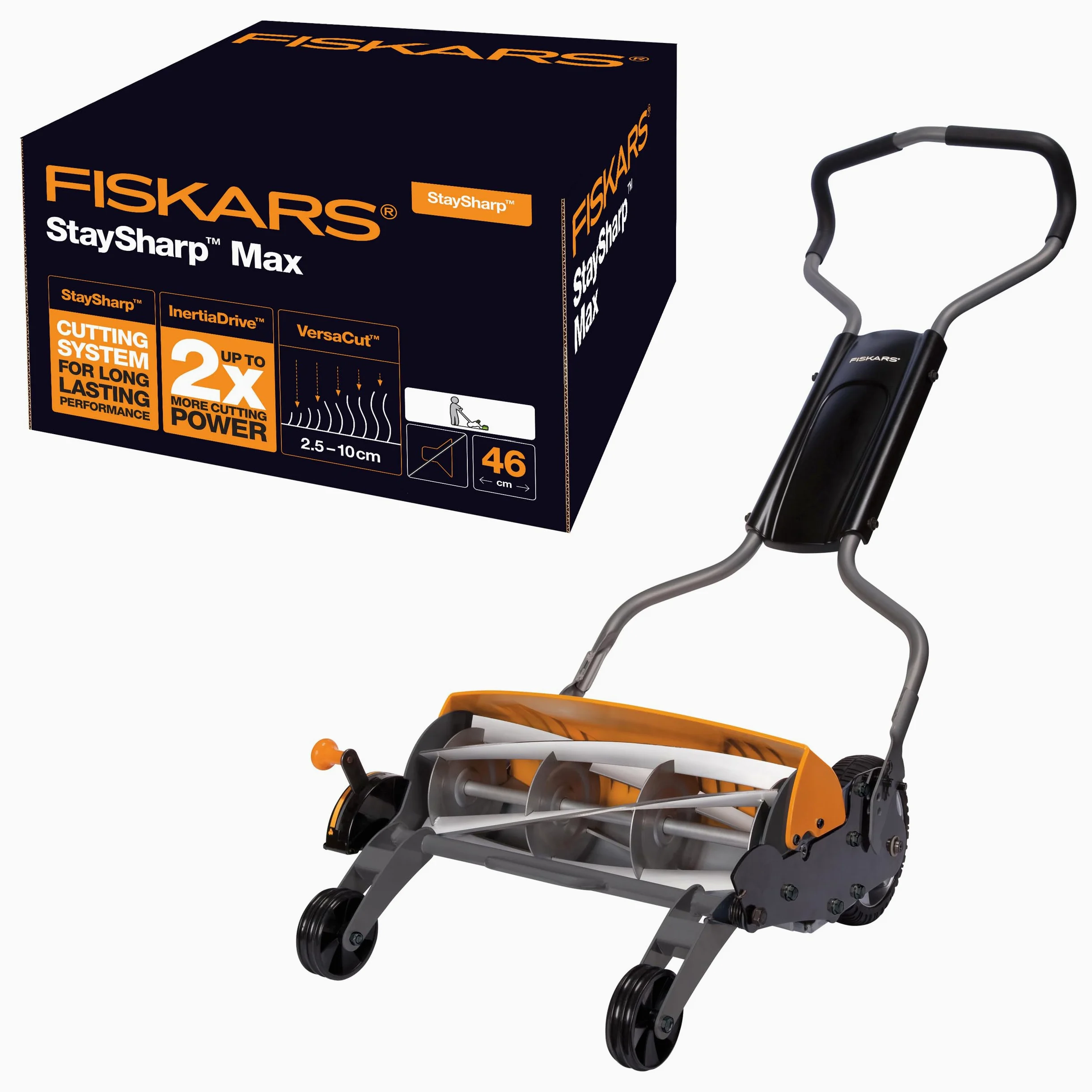 Fiskars Tondeuse à gazon manuelle, Tondeuse à cylindre avec système de coupe sans frottement des lames, Largeur de coupe: 46 cm, Noir/Orange/Argenté, StaySharp Max, 1000591 | Largeur de coupe: 46 cm, Noir/Orange/Argenté, StaySharp Max, 1000591