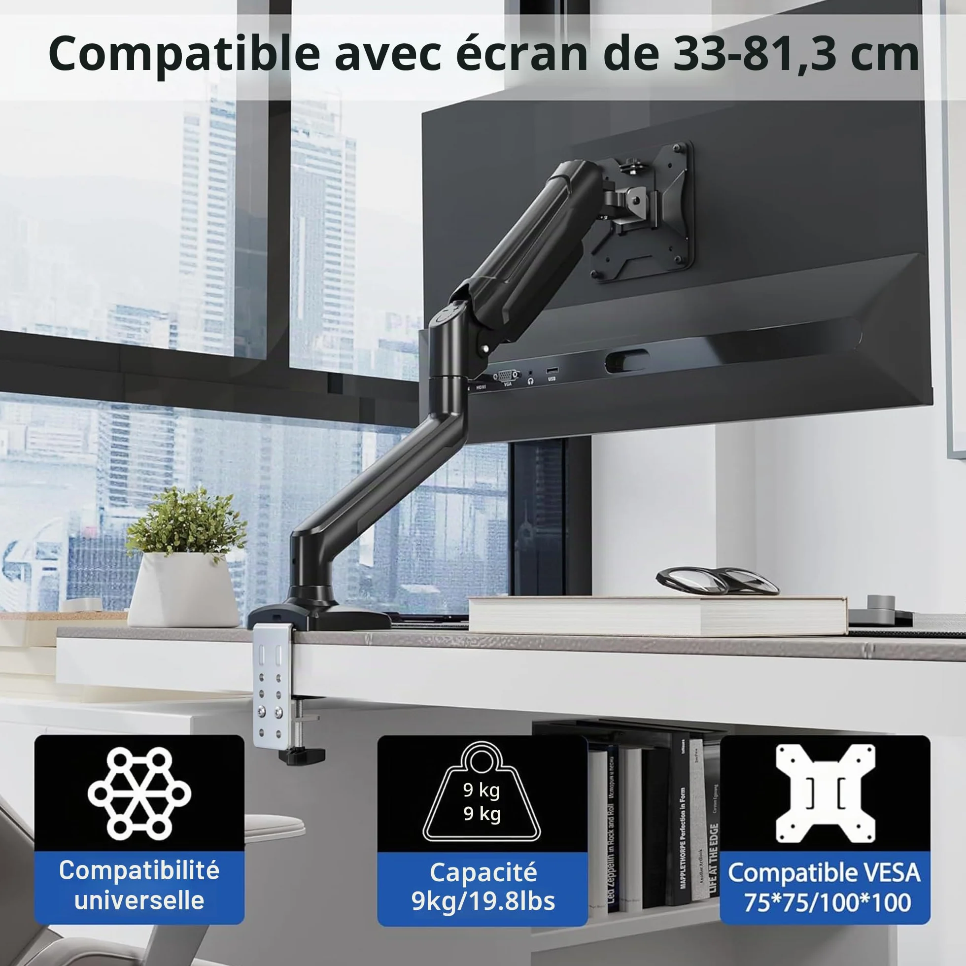BONTEC Bras Articulé à Ressort à Gaz pour Moniteur 13-32 Pouces, Capacité 3-9kg, Rotation 360°, VESA 75/100mm