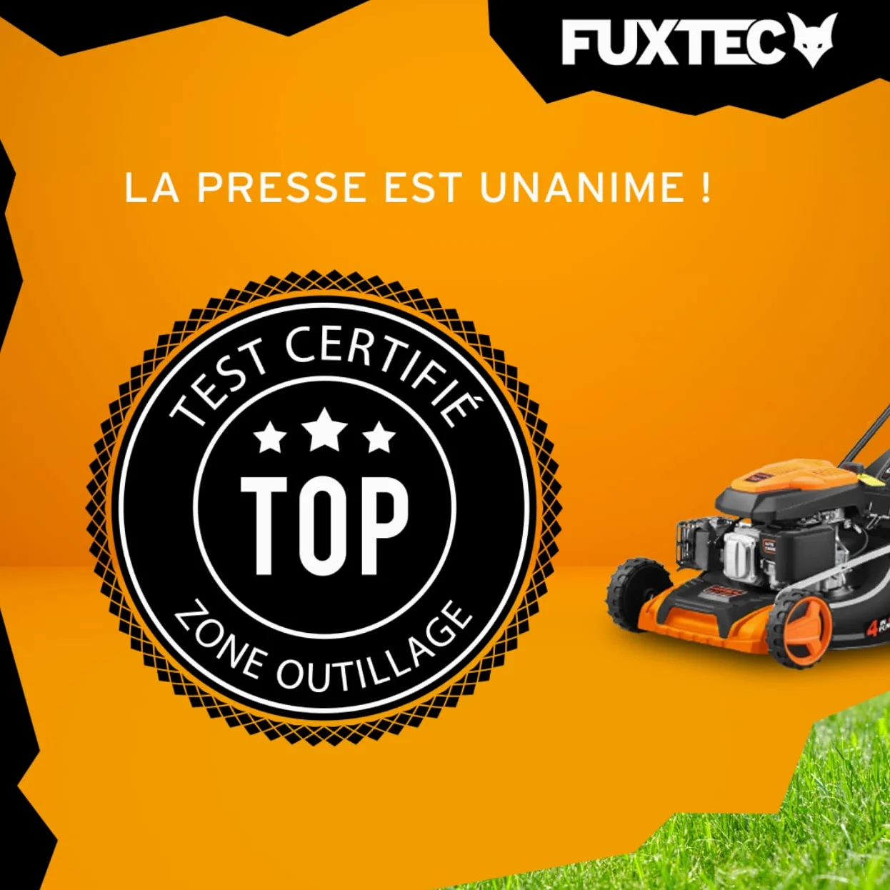 FUXTEC 4en1 Tondeuse Thermique Démarrage Électrique FX-RM5196eS - Largeur de Coupe 51cm, Système autotracté, Fonction Mulching, Réglage Central de la Hauteur de Coupe, 60L Bac de ramassage
