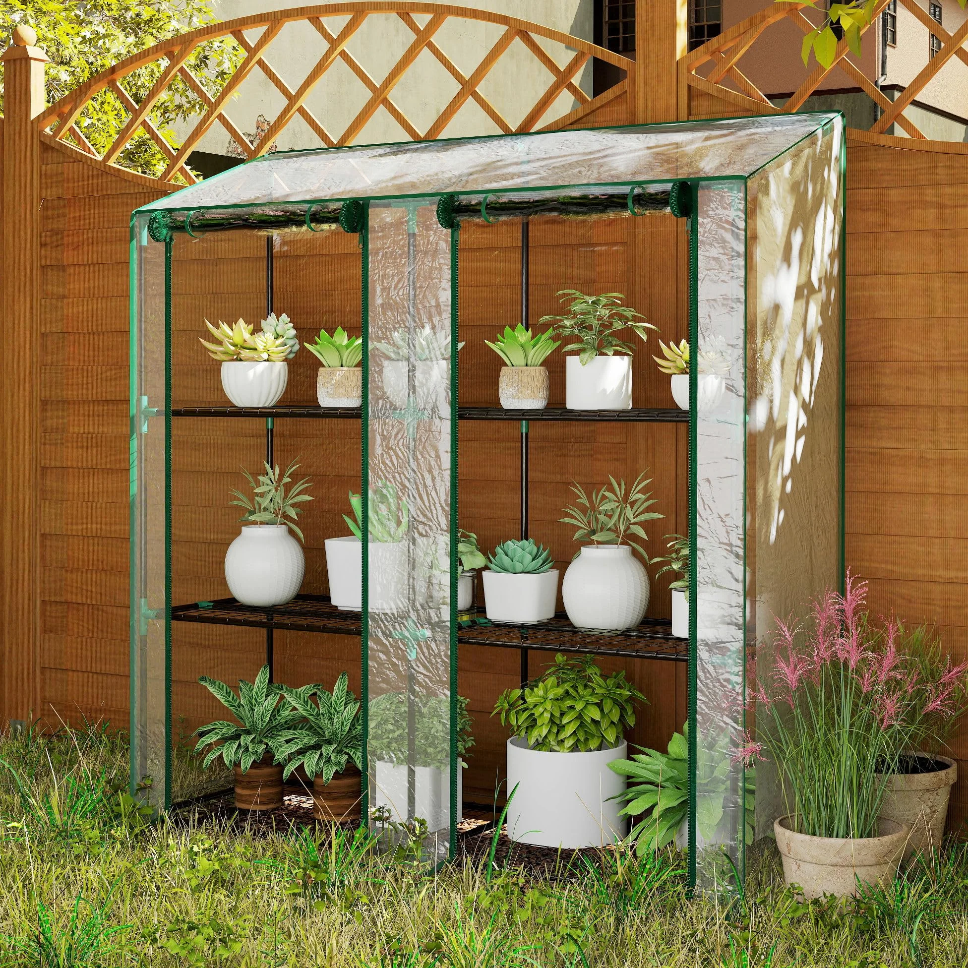 Outsunny Serre de Jardin PE Étagères 3 Niveaux 143x46x51cm Transparent | Serre de Balcon, Bâche Renforcée 140 g/m², Châssis en Acier, 2 Portes Zippées Enroulables, pour Légumes Plantes Fleurs