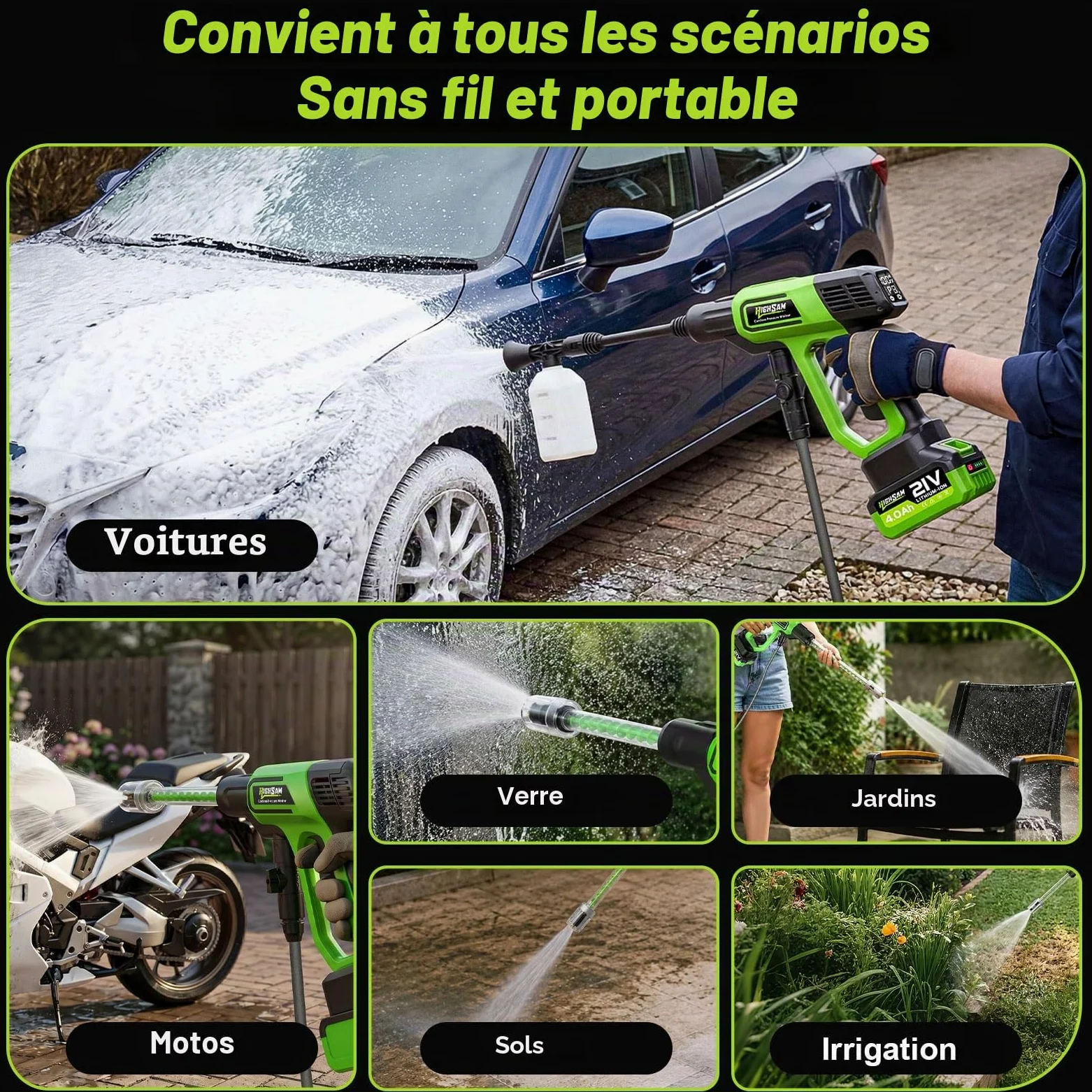 100 Bar Nettoyeur Haute Pression sans Fil avec 2*Batteries 4.0Ah, Moteur sans Balais, Mode 3 Vitesses, Nettoyeur Haute Pression avec Pompe, buse 5 en 1 pivotante à 180°, Tuyau de 5 m