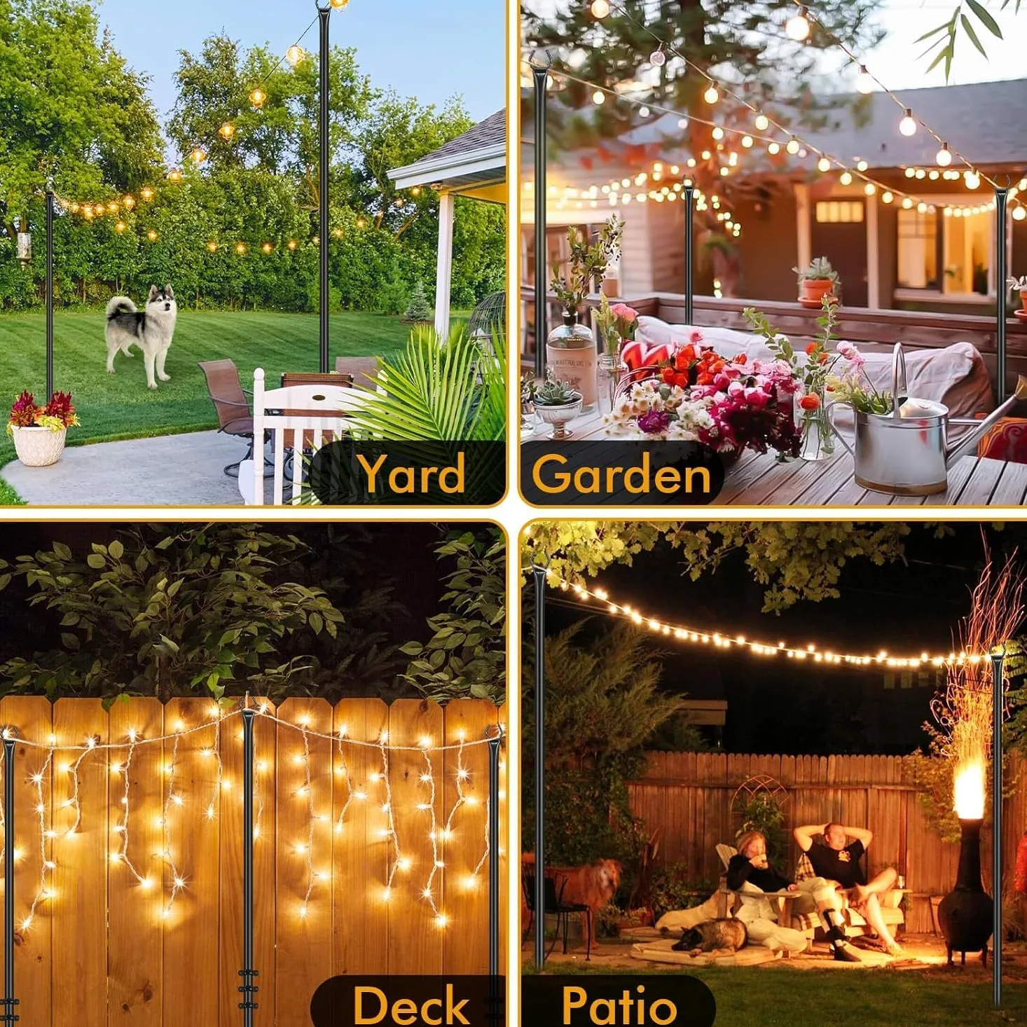 HoldOneLight Poteau pour guirlande lumineuse pour terrasse - Lot de 2 unités - 2,99 m en acier résistant - Support pour suspendre des lumières extérieures, jardin, cour, arrière, idéal pour fêtes