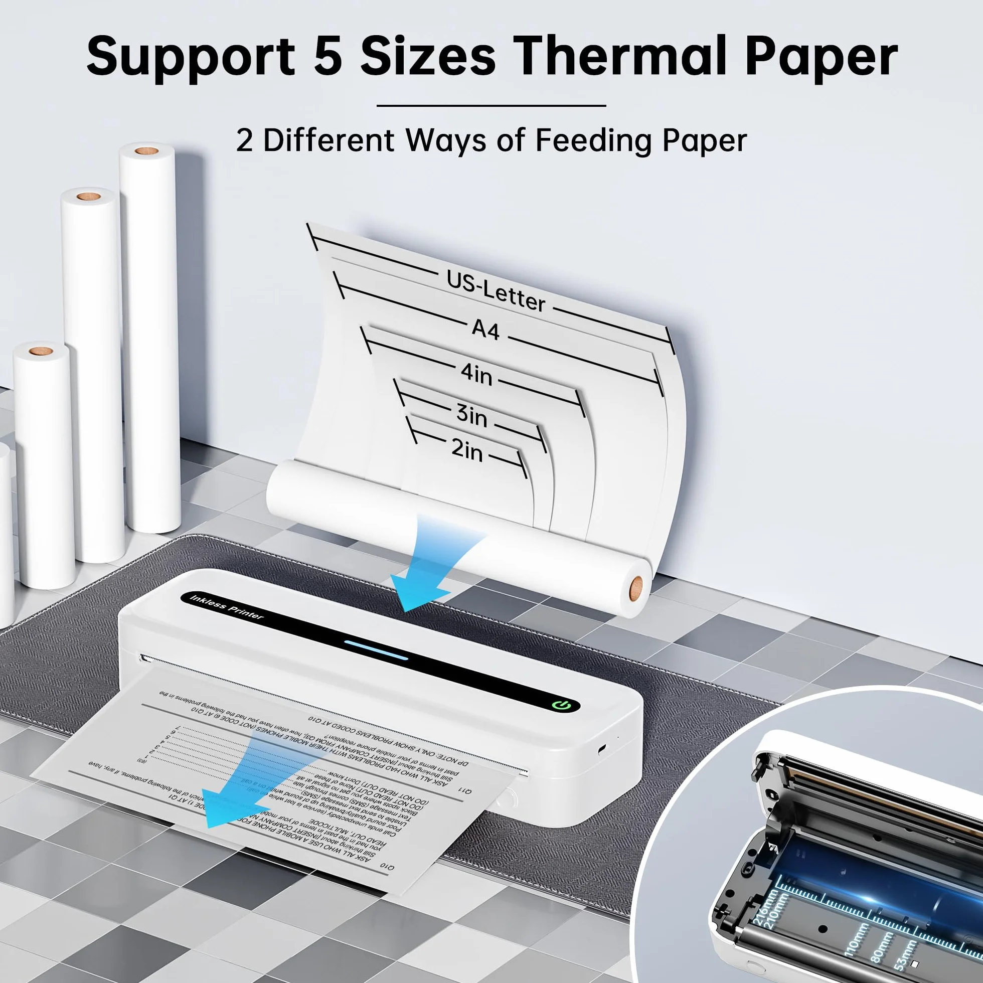 Imprimante Thermique Portable A4 Bluetooth sans Encre, Thermique Compacte Support Papier A4