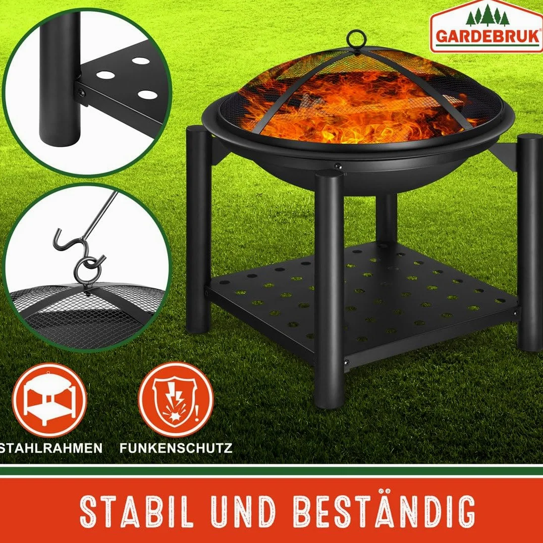 Gardebruk® Brasero de Jardin avec Pare-étincelles Couvercle tisonnier Ø55 cm Support à Bois Acier Noir Jardin Terrasse Cheminée