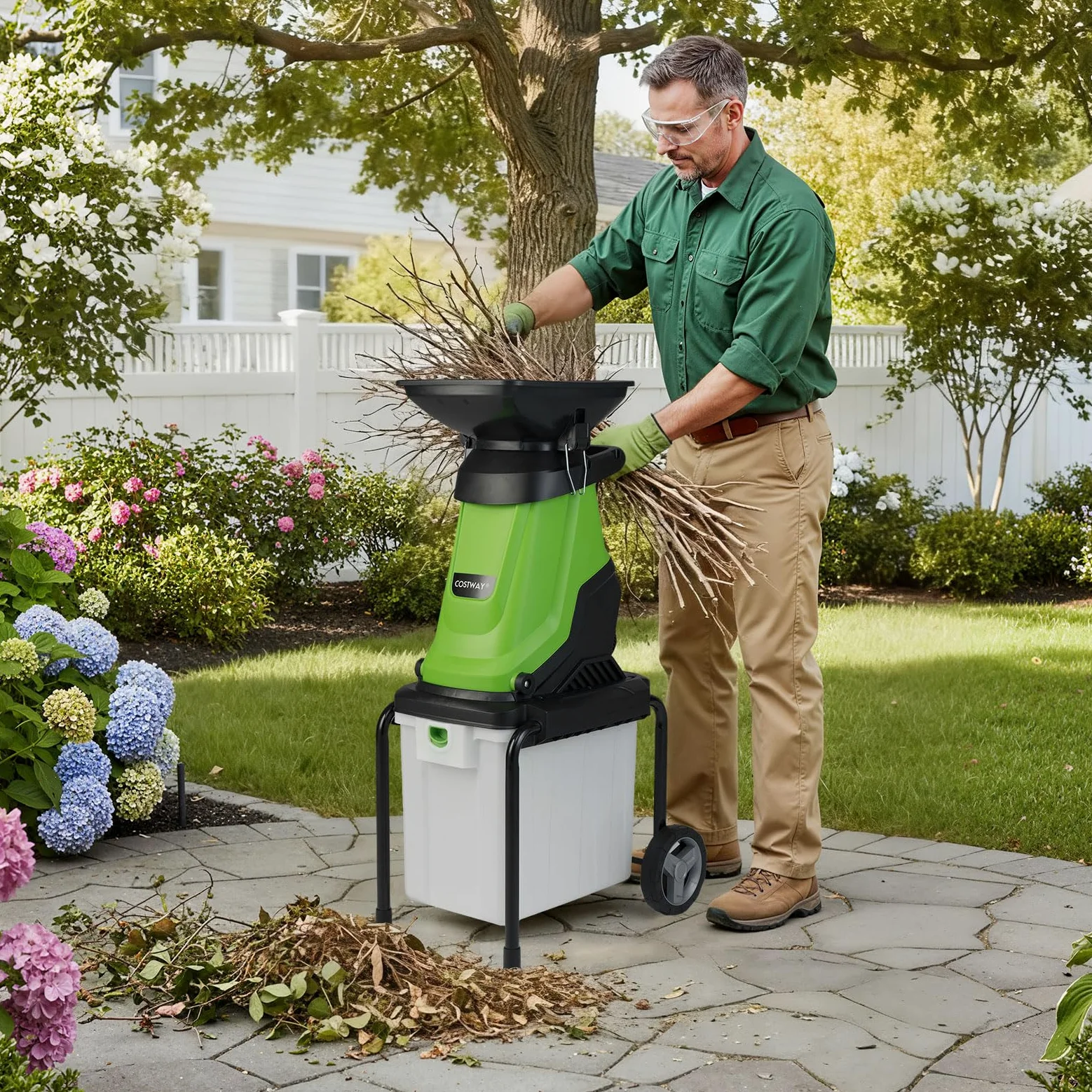 FANTASK Broyeur de jardin électrique 3000 W - 55 x 44 x 106 cm - Broyeur de jardin avec roues - Bac de ramassage de 50 l - Épaisseur de coupe 45 mm - Avec fil - Broyeur à rouleaux électrique pour le