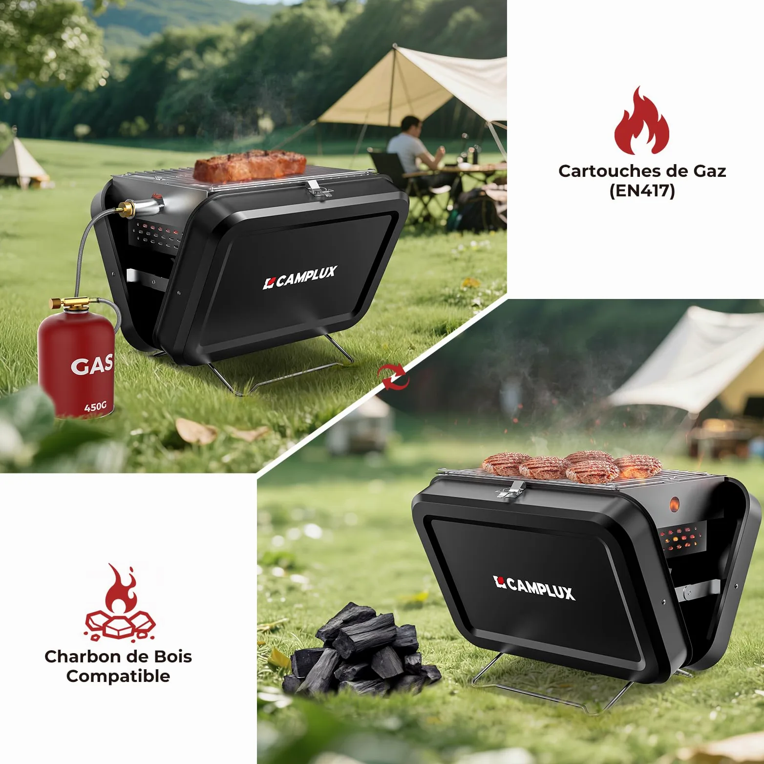 CAMPLUX FoldGo Barbecue Portable 2-en-1 Gaz Charbon Camping, FG16GB | Grille 32x23,5 cm, 2 kW, Design Pliable Compact, Parfait pour Camping, Randonnée et Voyages