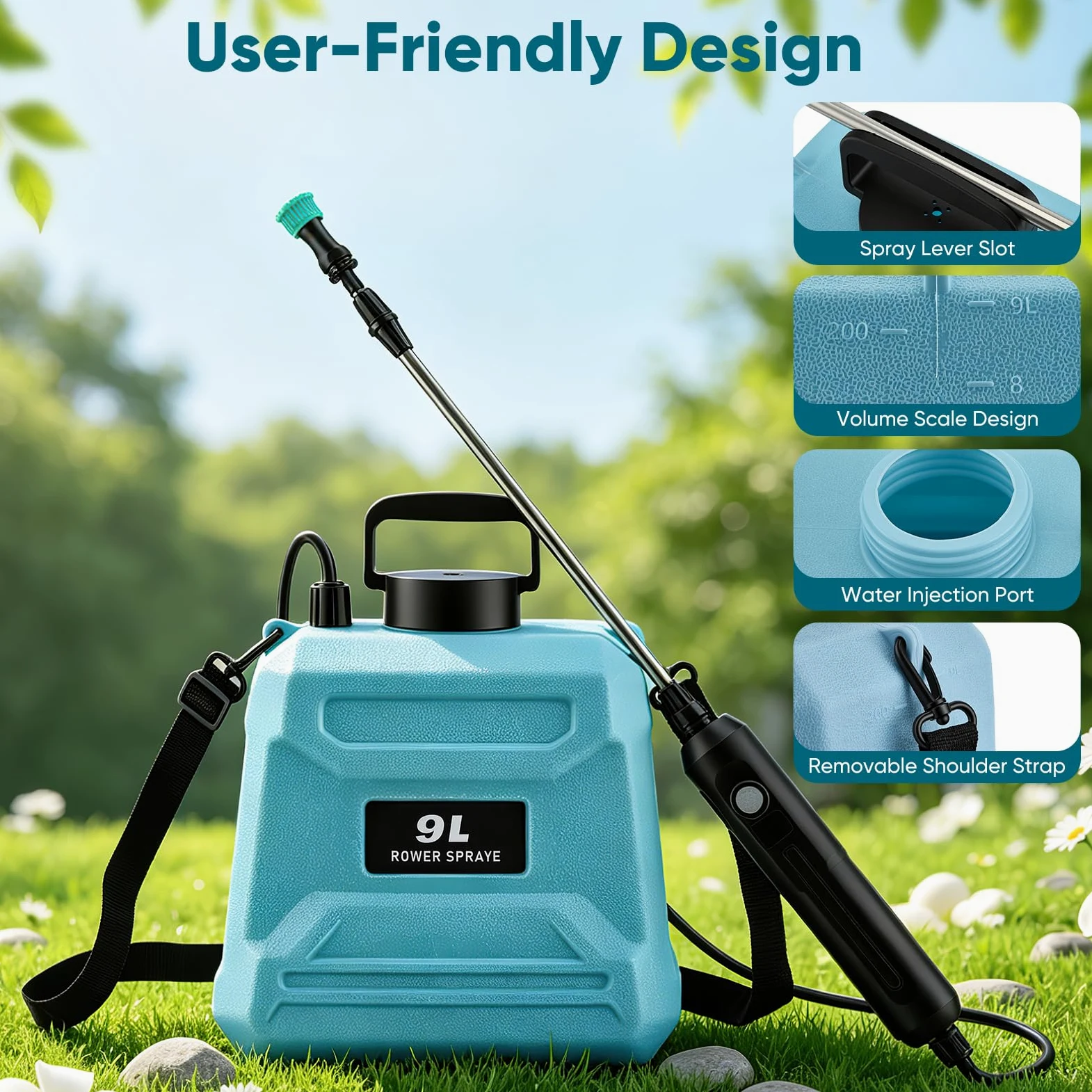 Pulvérisateur électrique à batterie 9 l, moteur en cuivre 3,7 V avec batterie 1500 mAh, autonomie de 200 min, 3 buses + lance télescopique jusqu'à 80 cm, charge USB-C, pulvérisateur de jardin pour