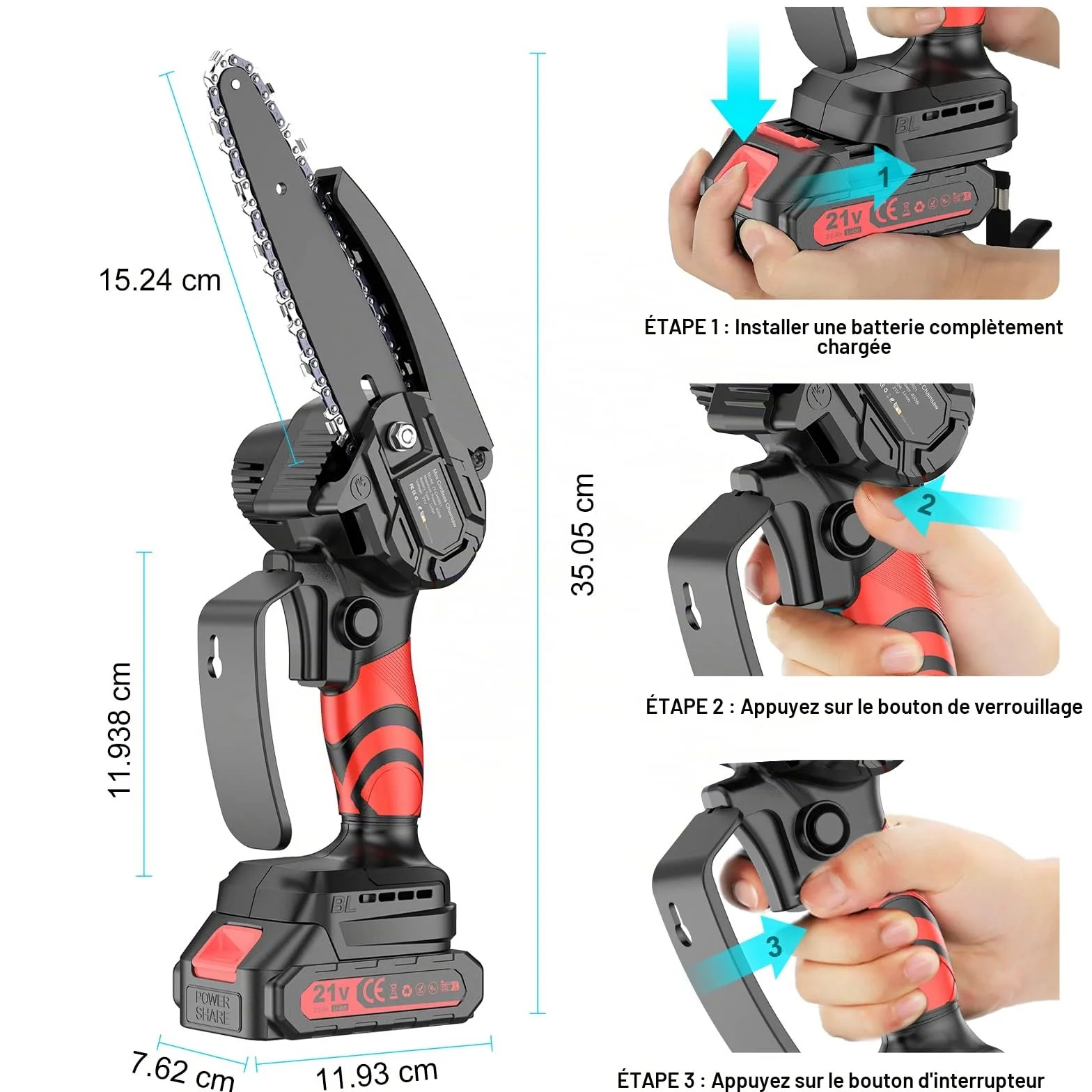 Mini Tronconneuse a Batterie, 6 Pouces Tronçonneuse Sans Fil Electrique, Tronçonneuse à Main 2* Batterie, 2*Chaîne Pour La Coupe Du Bois, Les Branches D'arbres, Jardin, L'élagage