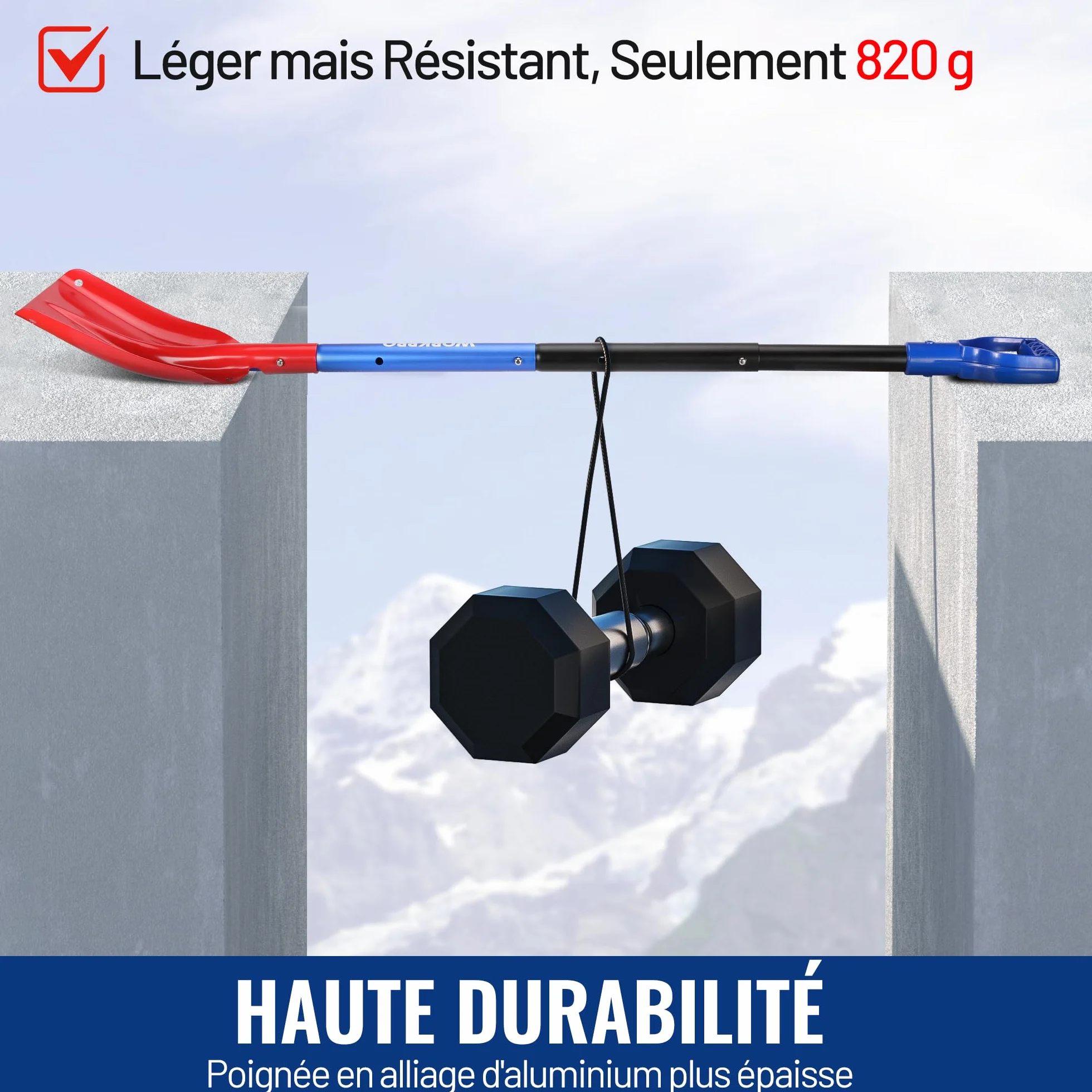 Pelle à Neige en Aluminium Réglable WORKPRO avec Manche Télescopique et Sac de Rangement