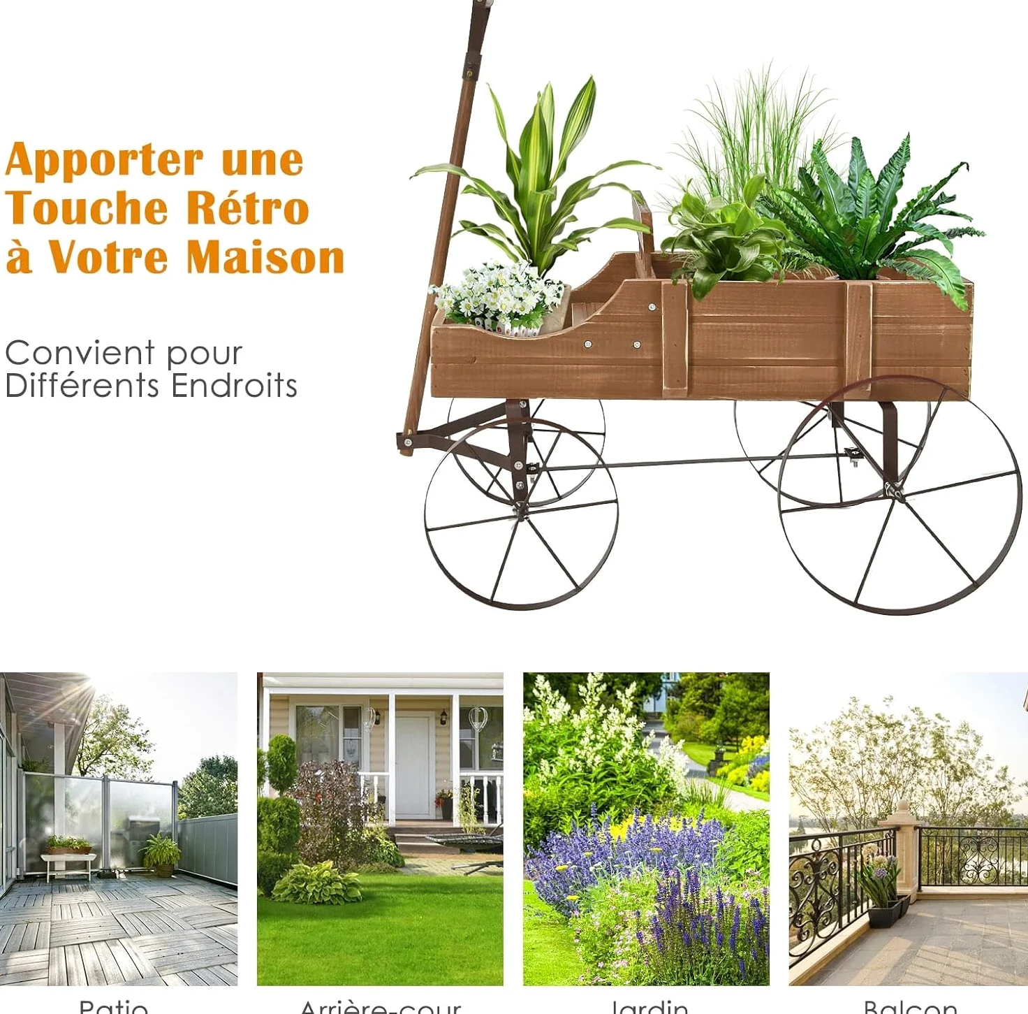RELAX4LIFE Brouette Décorative en Bois avec 4 Roues en Métal, Chariot à Fleurs avec Capacité de Charge Jusqu'à 15 kg, Bac à Fleurs pour Jardin Balcon Terrasse (Marron)