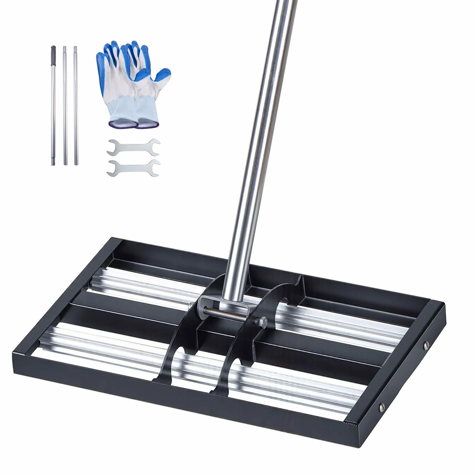 VEVOR Râteau de Nivellement de Pelouse avec Rouleaux 43,8x25,5 cm Niveleur de Gazon Acier Inoxydable, Outil de Nivellement pour Cour, Terrain de Golf, Jardin, avec Manche 161 cm Réglable en 4 Sections