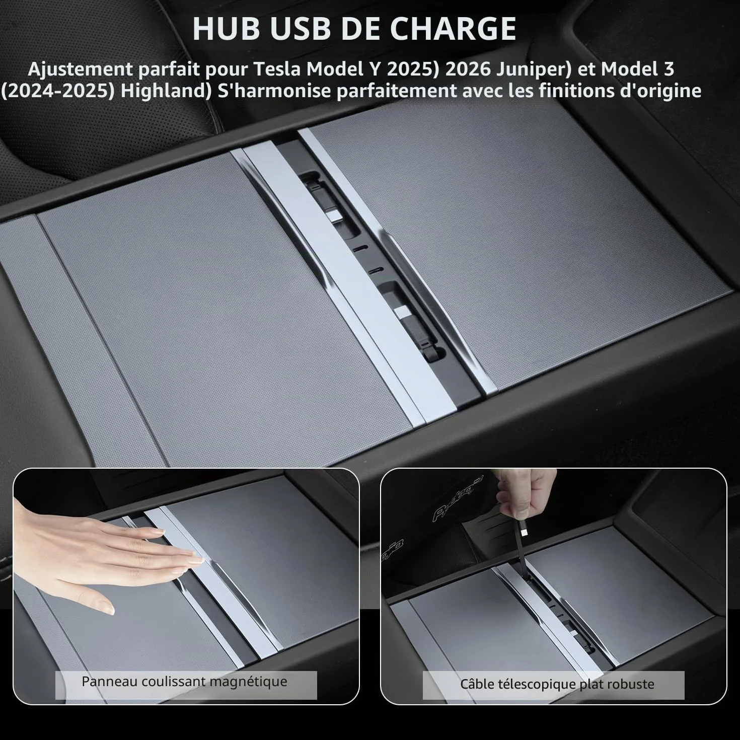 Tesla Hub USB pour Model 3 Highland 2024-2025 & Model Y Juniper 2025-2026, 135W, Station d'accueil Console Centrale