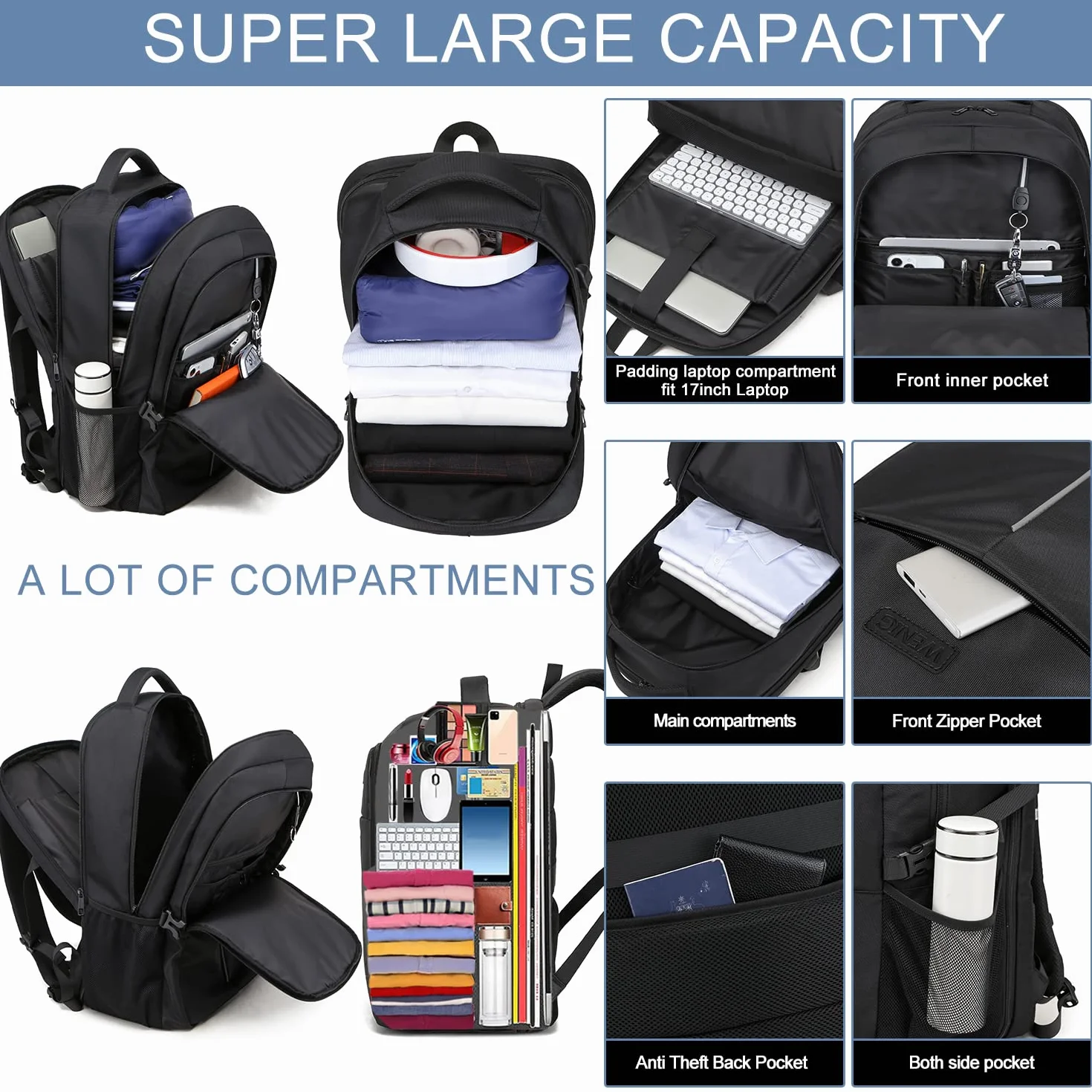Sac à Dos Ordinateur Portable 17.3 Pouces 50L Antivol Imperméable USB Voyage Homme Femme Noir