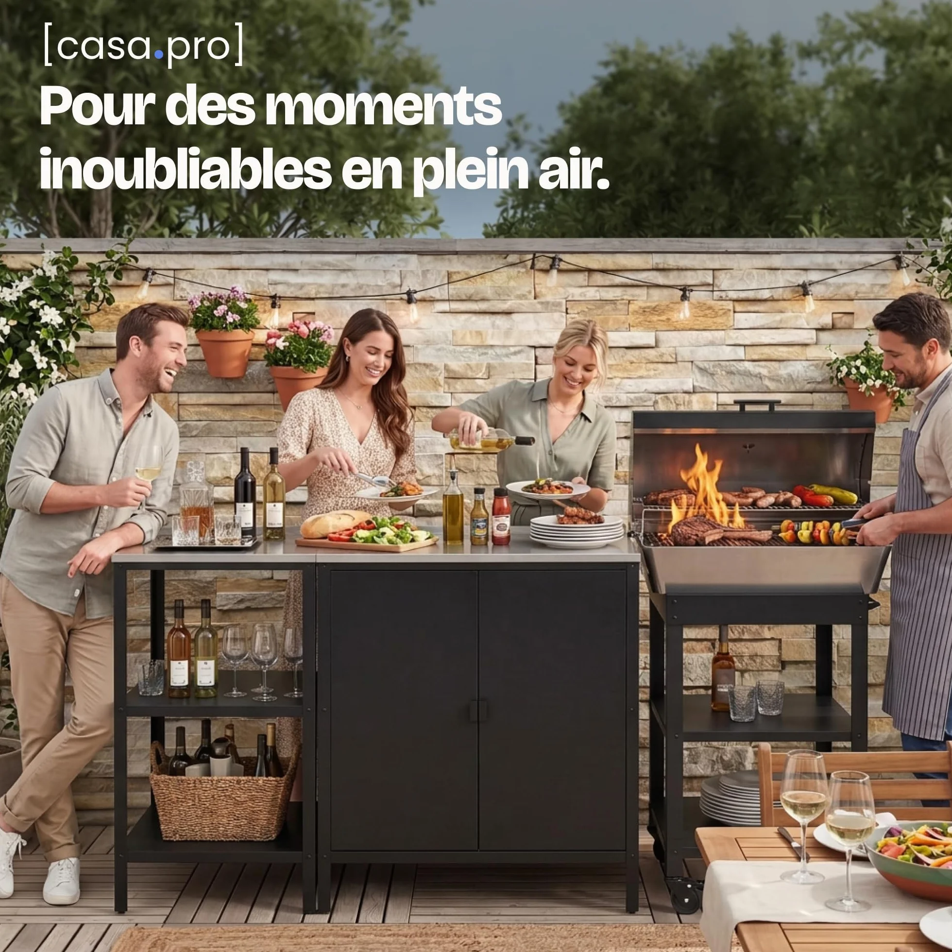 Ensemble de 3 Meubles Outdoor Bolognano Armoire d'Extérieur Chariot Barbecue Acier Noir Mat