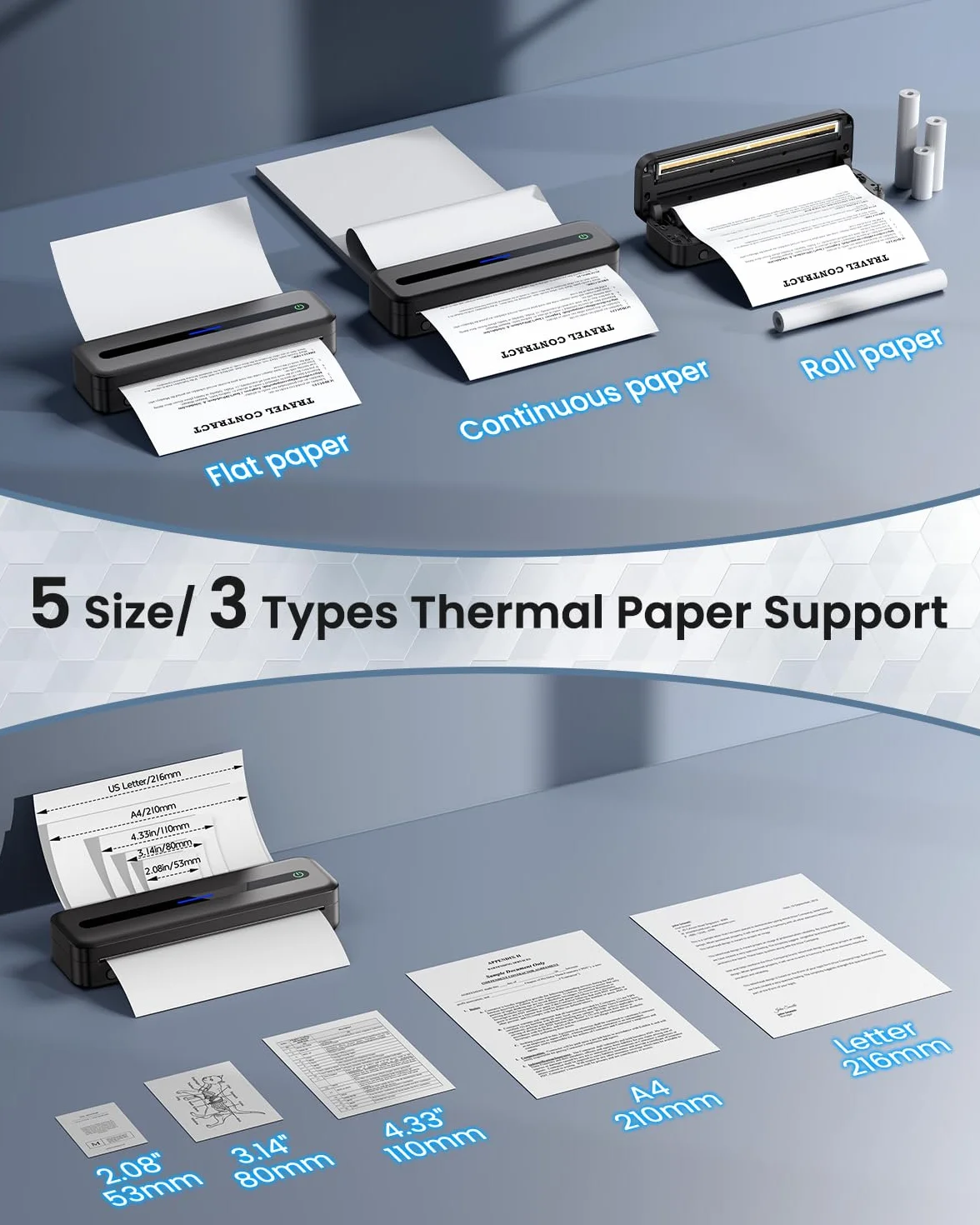 Imprimante Thermique Portable A4 Bluetooth 300DPI Sans Encre Noir