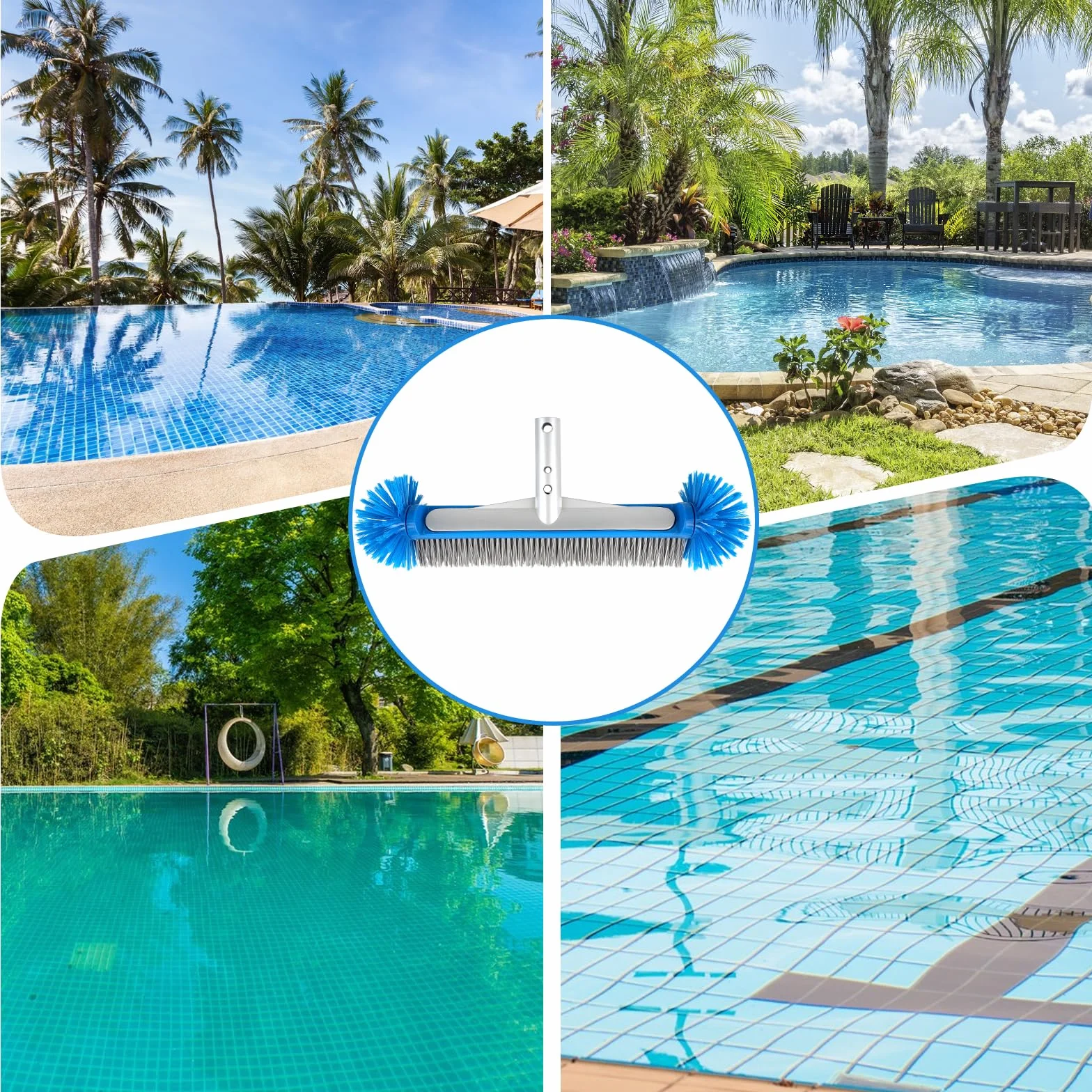 Brosse Piscine Ronde LALAGO avec Perche Amovible Poils Hémisphériques pour Mur et Carrelage