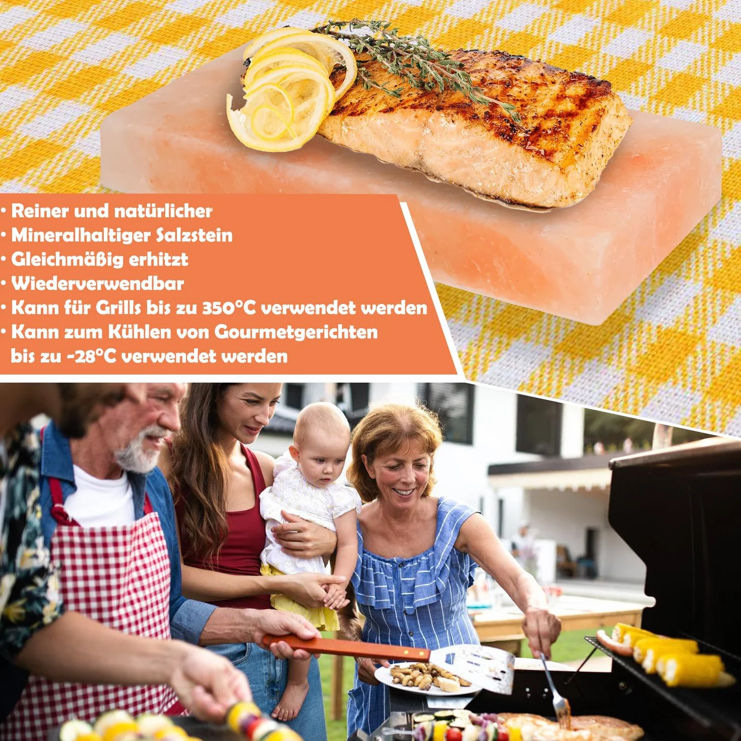 Pierre de sel XXL pour griller 20 x 30 x 3 cm avec plaque de fer réutilisable