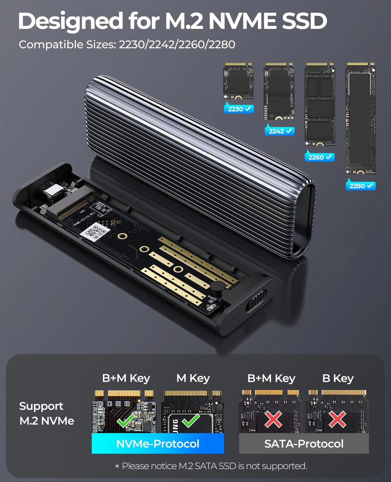 ORICO Boîtier SSD M.2 NVMe USB3.2 Gen2 10Gbps Aluminium sans Outil Dissipateur Thermique Adaptateur M2 USB pour SSD PCIe NVMe M-Key 2230/2242/2260/2280 UASP Trim AM2G2