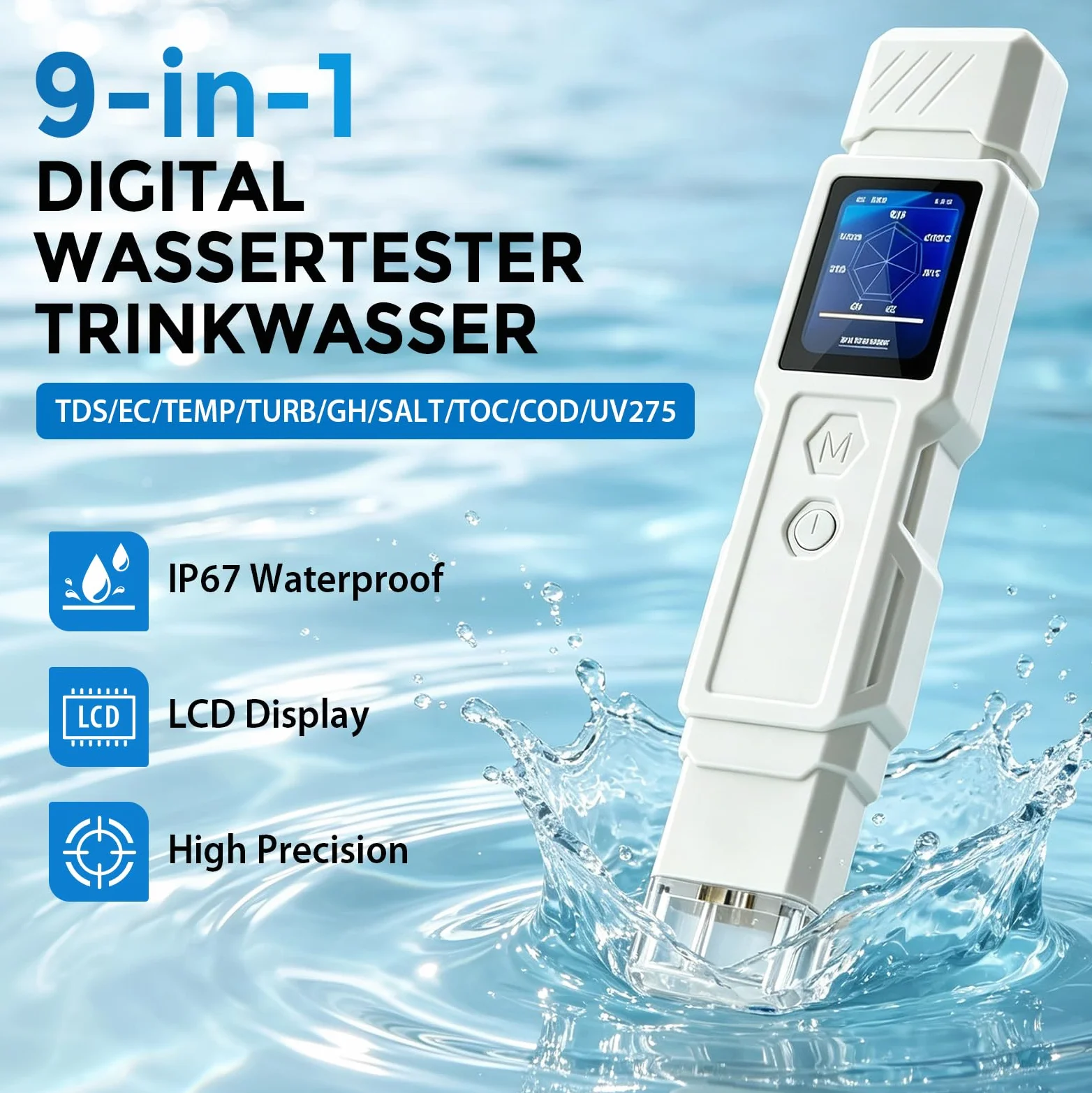 Testeur de qualité de l'eau numérique 9 en 1 pour eau potable | Mesure TDS, turbidité, CE, température, salinité, GH, COT, DCO et UV275