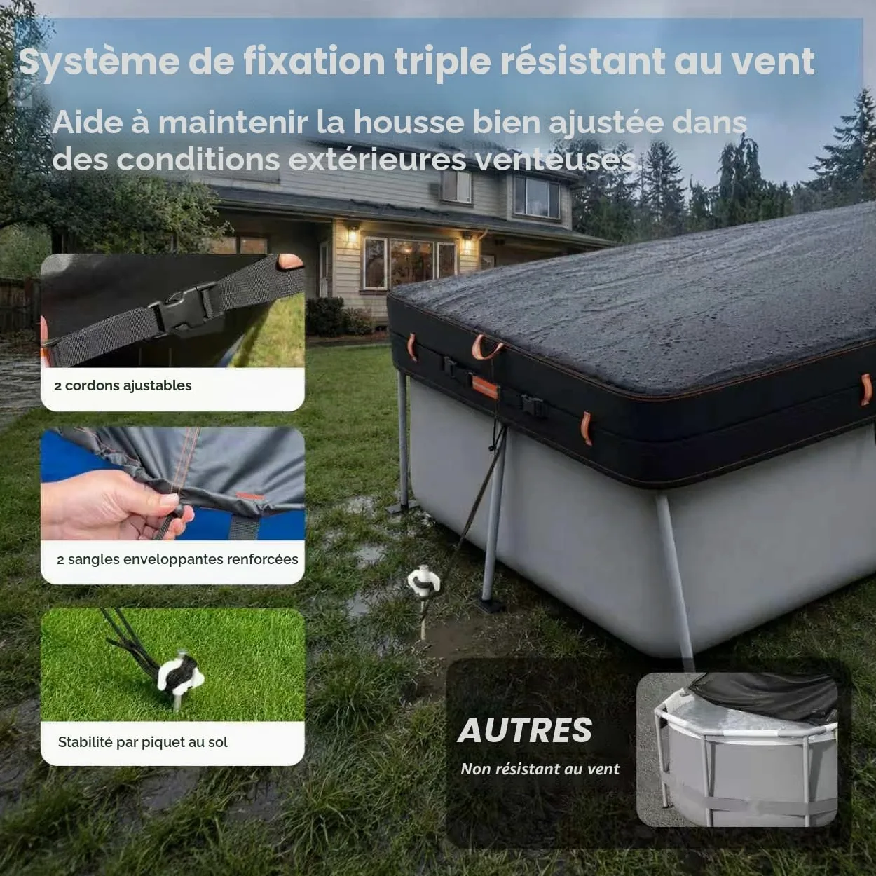 BâChe Rectangulaire 420D pour Piscine Hors Sol, RéSistante Aux UV Et Aux DéChirures, Disponible en Plusieurs Tailles 284x558cm, Protection Coupe-Vent avec Bandes RéFléChissantes.