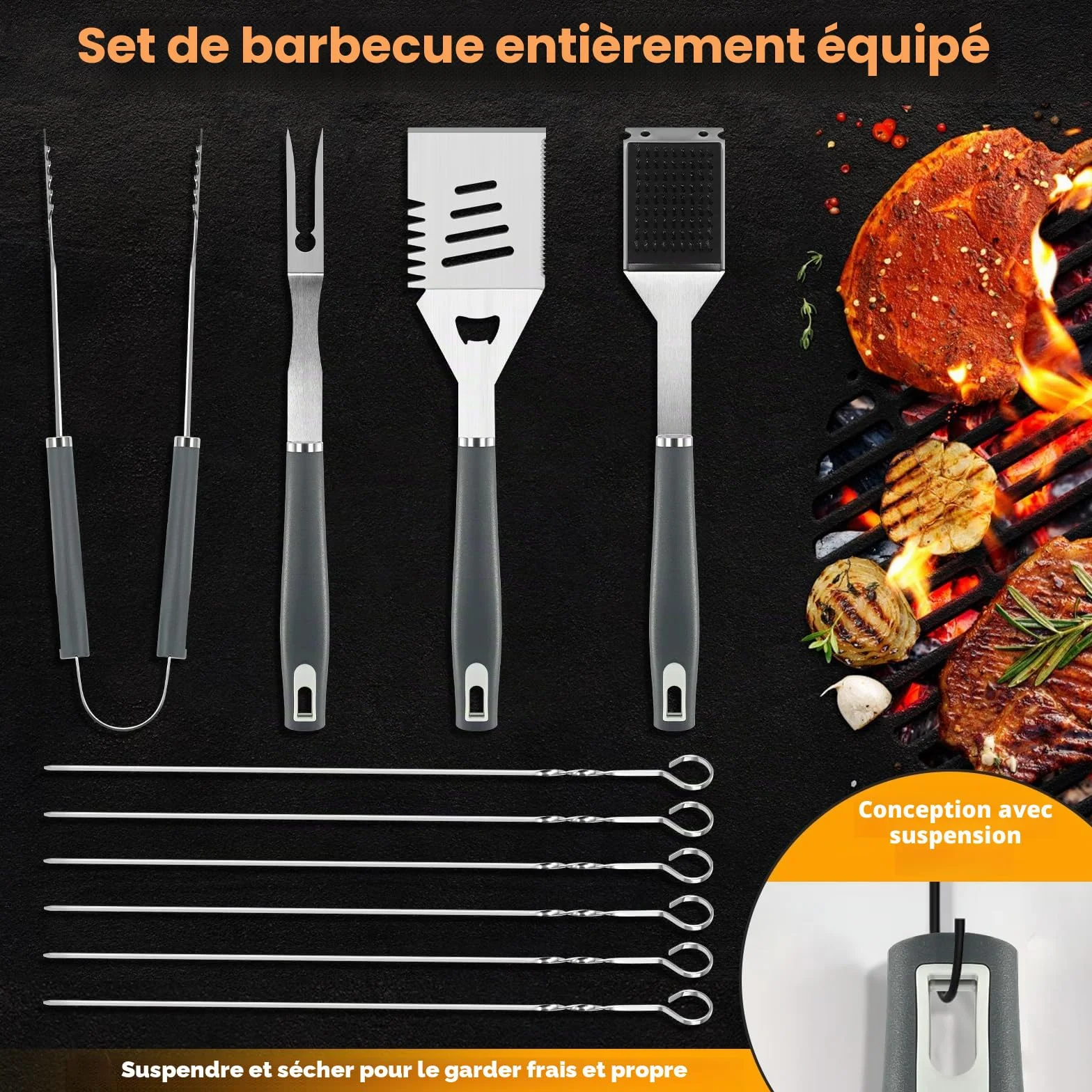 Set d'Accessoires Barbecue 10 Pièces Inoxydable - Ustensiles de Cuisson Extérieur avec Pince, Spatule, Fourchette & Brosse