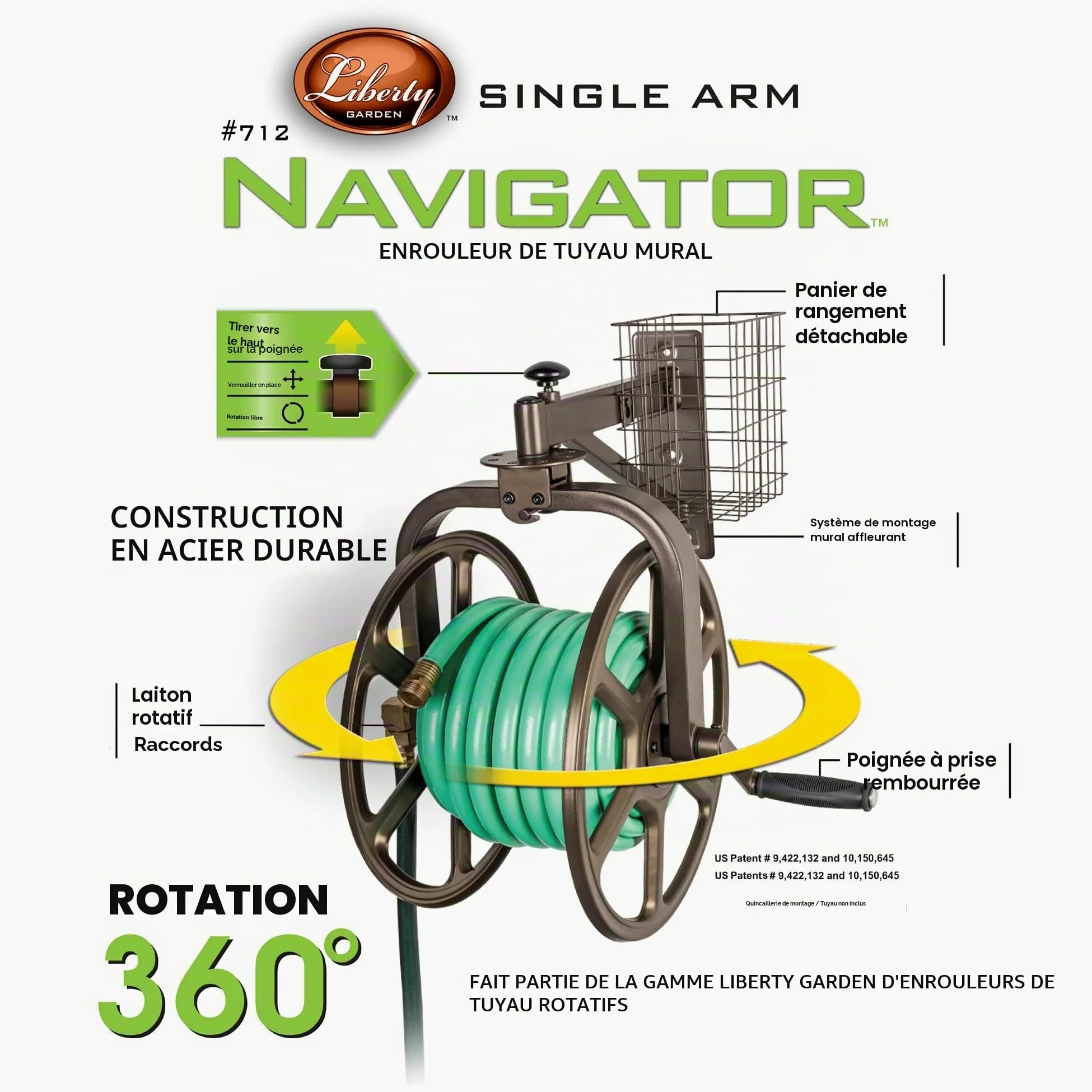 Liberty Garden 712 Single Arm Navigator Multi-Directional Garden Hose Reel, Holds 125-Feet of, 5/8-Inch, Bronze